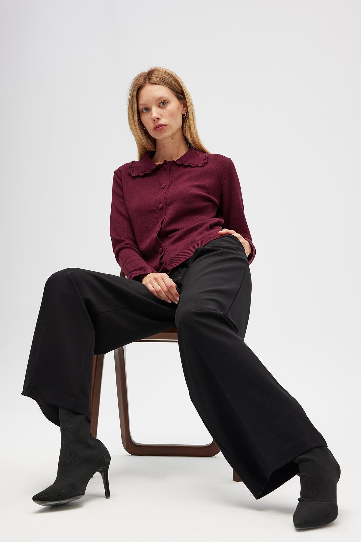 Peraluna Laila, Düz Örgü, Polo Yaka, Kadın Triko Hırka - Bordo