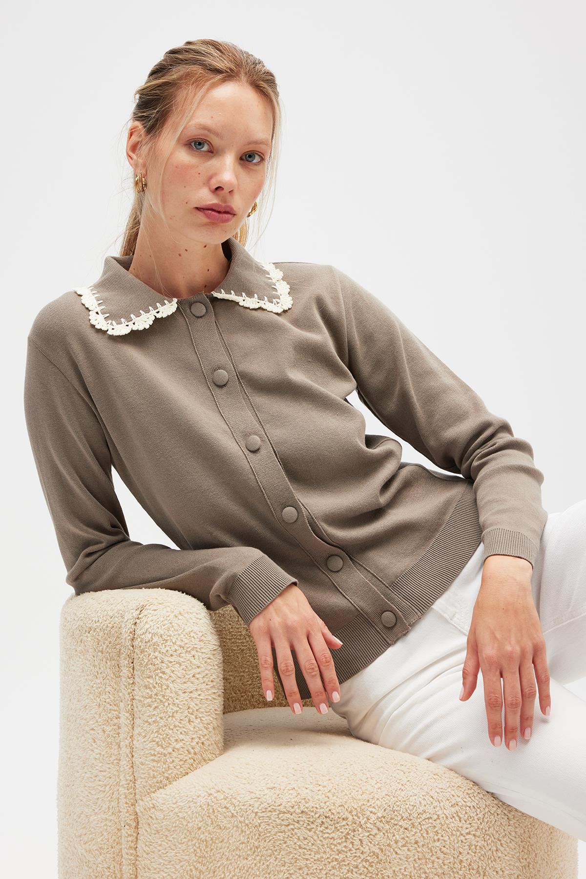 Peraluna Laila, Düz Örgü, Polo Yaka, Kadın Triko Hırka - Vizon