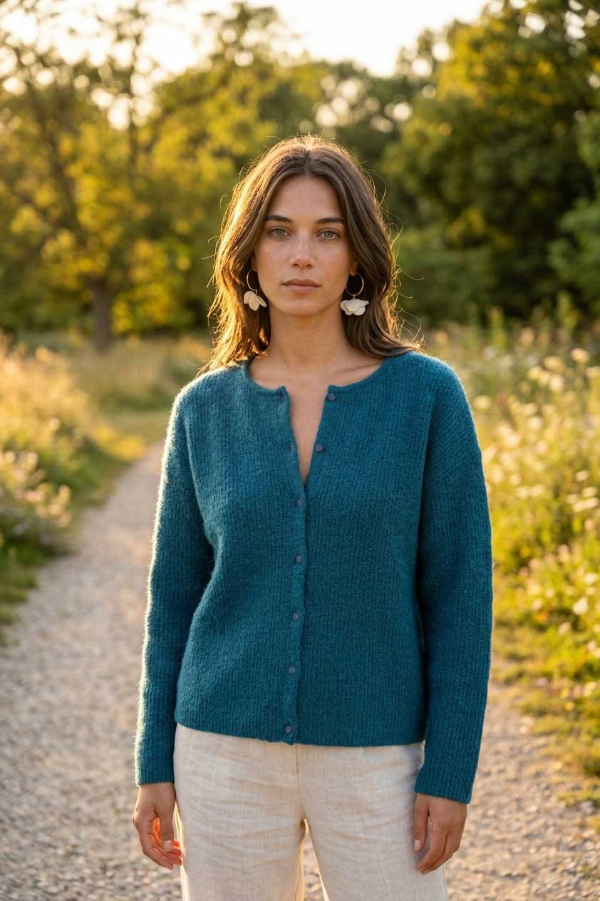 Peraluna Latina Cardigan - Selanik Örgü Kadın Hırka - Petrol Mavi
