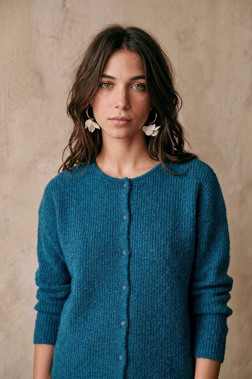 Peraluna Latina Cardigan - Selanik Örgü Kadın Hırka - Petrol Mavi