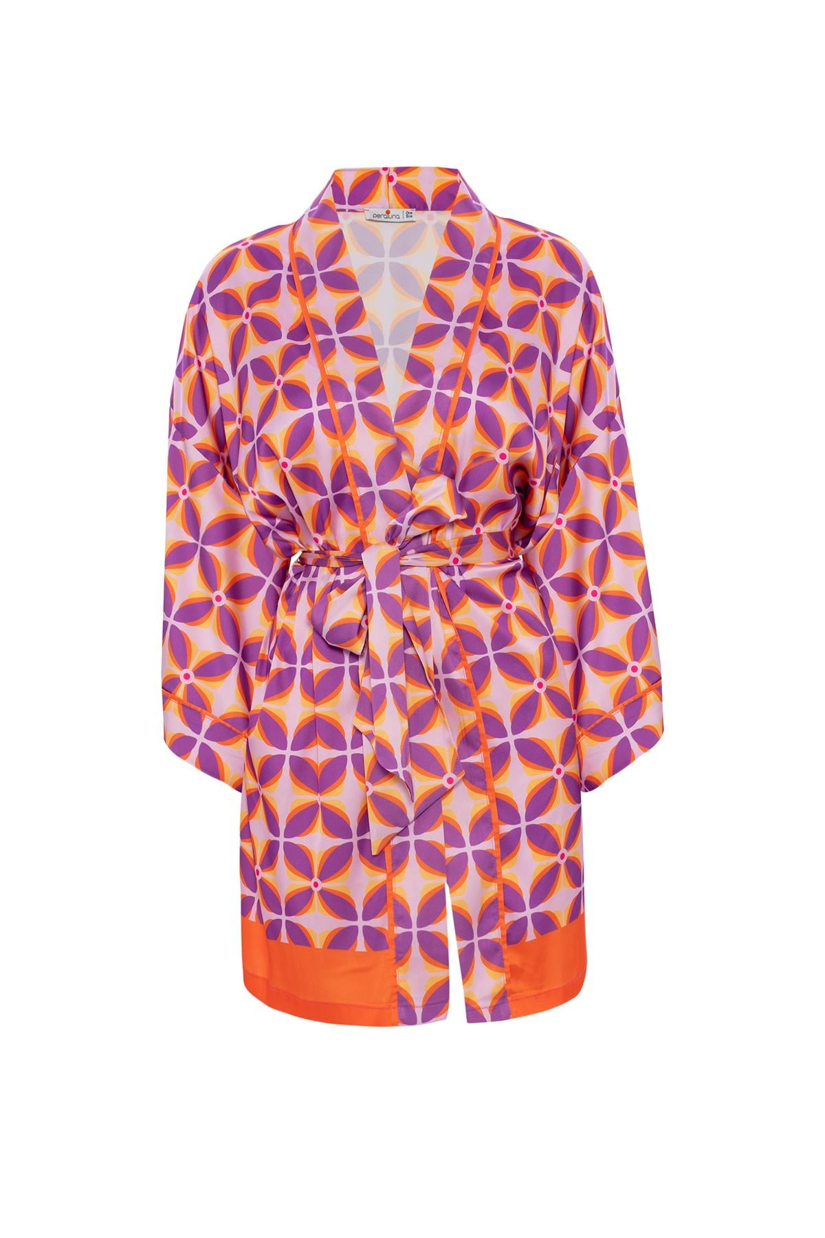 Peraluna LAVENDER KİMONO 90 CM Çiçek Desen Mini Boy Kemerli Saten Kadın Kimono Lila