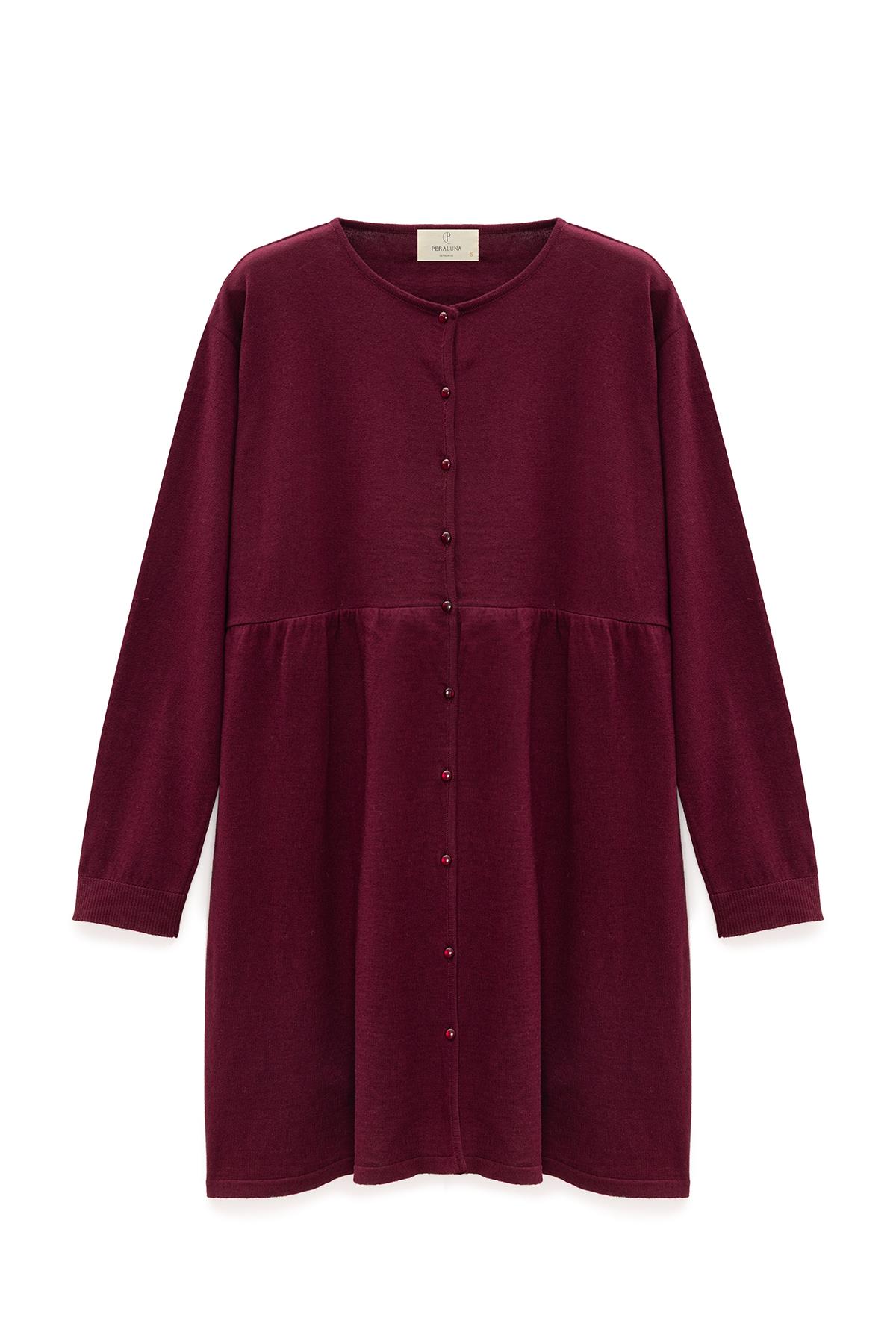 Peraluna Leah Büzgülü Düğmeli Mini Triko Gömlek Elbise - Bordo