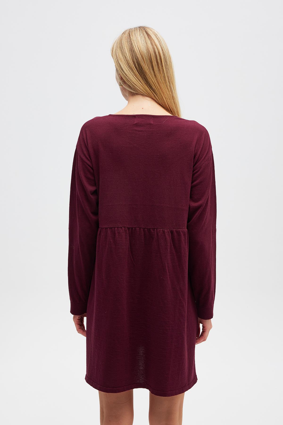 Peraluna Leah Büzgülü Düğmeli Mini Triko Gömlek Elbise - Bordo