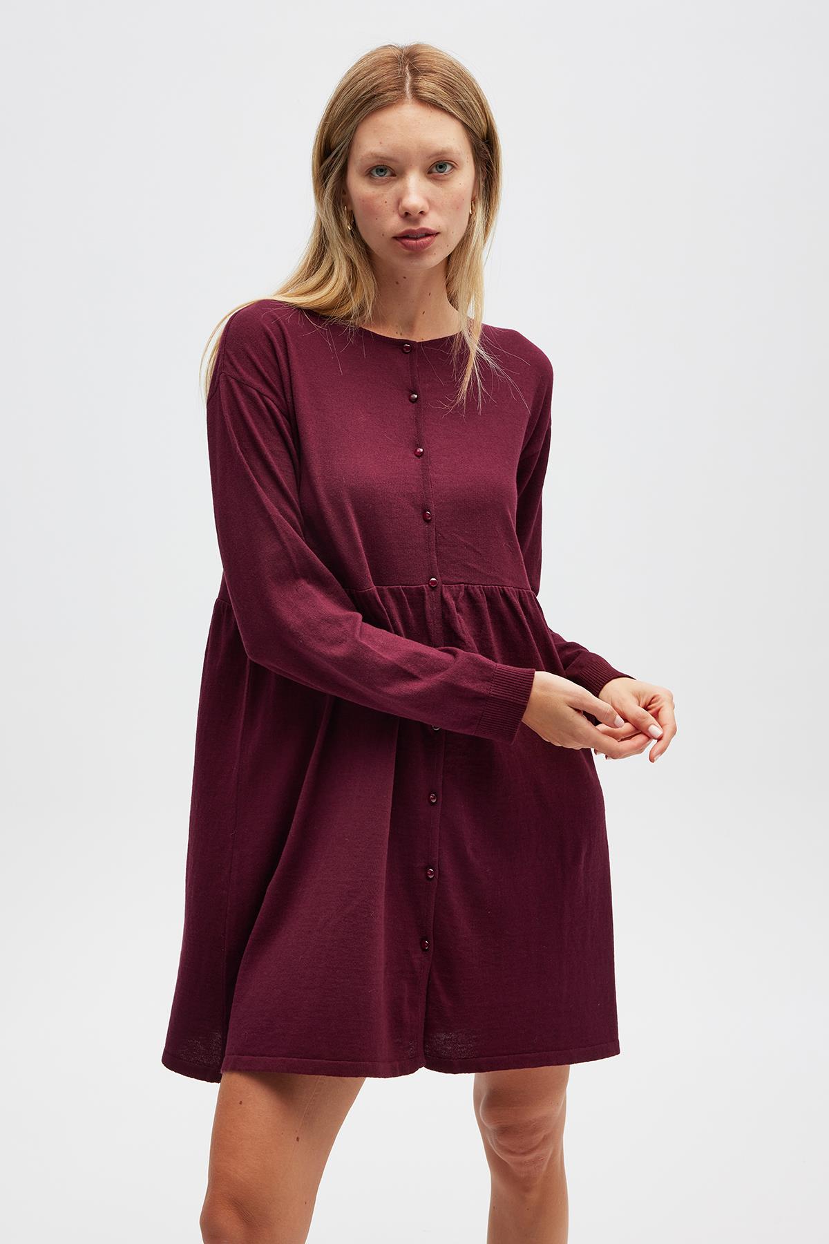 Peraluna Leah Büzgülü Düğmeli Mini Triko Gömlek Elbise - Bordo