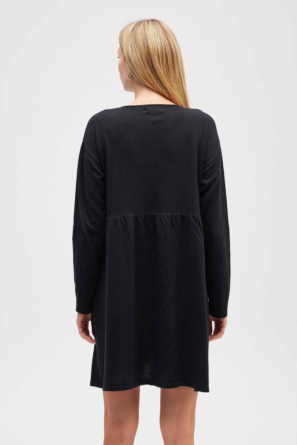 Peraluna Leah Büzgülü Düğmeli Mini Triko Gömlek Elbise - Siyah