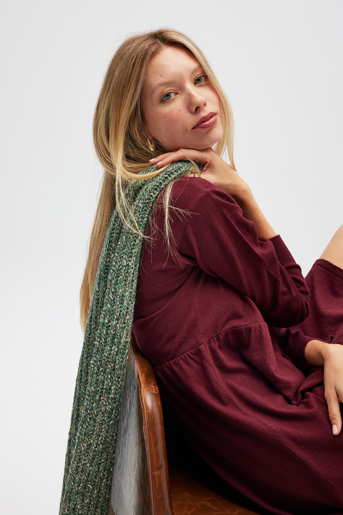 Peraluna Leah Büzgülü Düğmeli Mini Triko Gömlek Elbise - Bordo