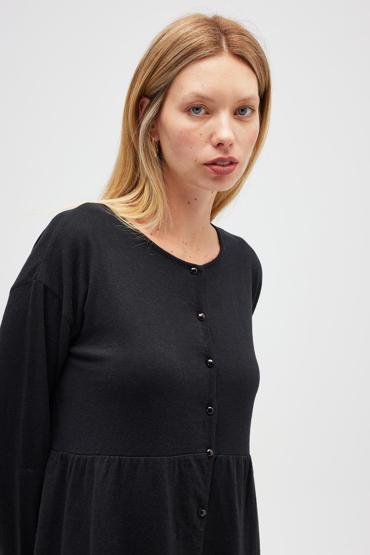 Peraluna Leah Büzgülü Düğmeli Mini Triko Gömlek Elbise - Siyah