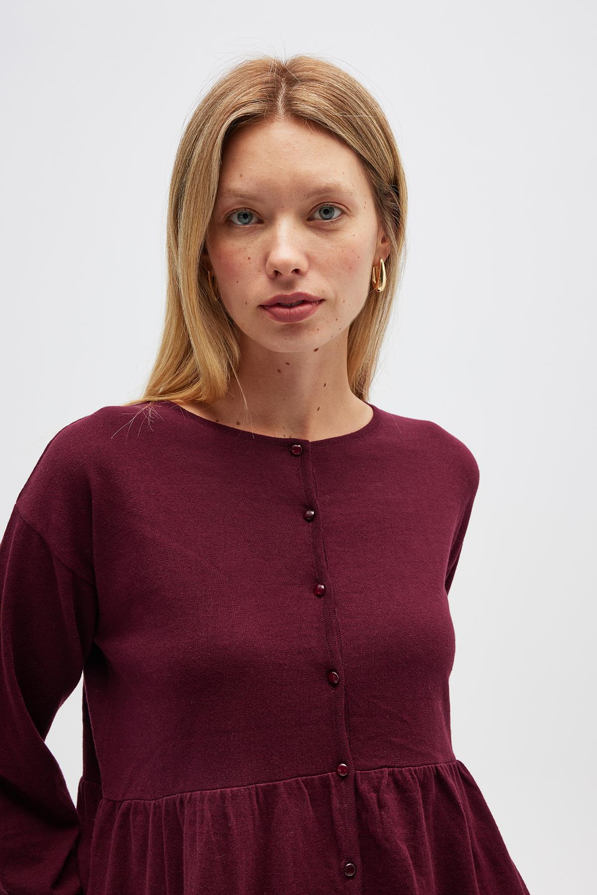 Peraluna Leah Büzgülü Düğmeli Mini Triko Gömlek Elbise - Bordo