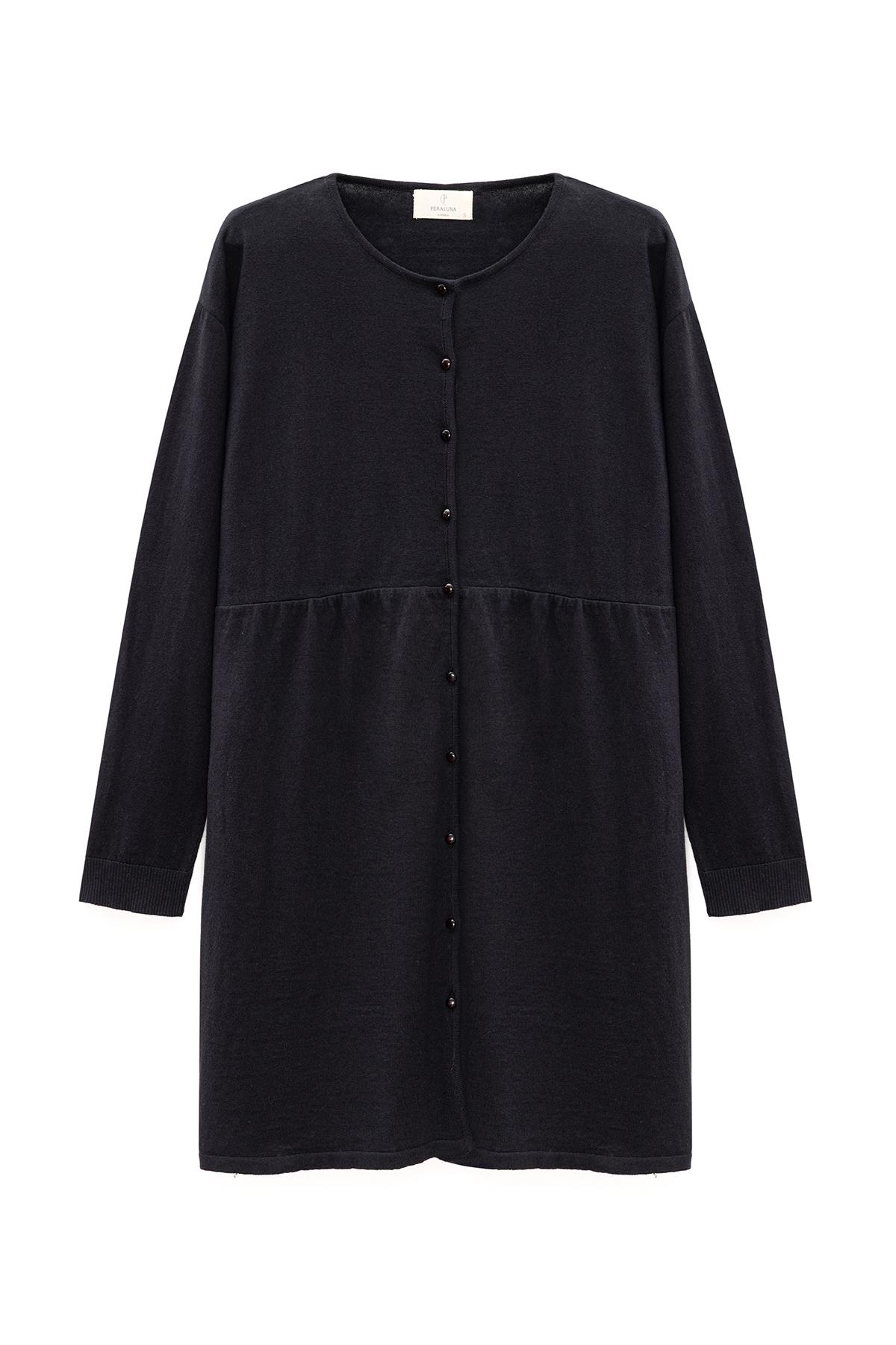 Peraluna Leah Büzgülü Düğmeli Mini Triko Gömlek Elbise - Siyah