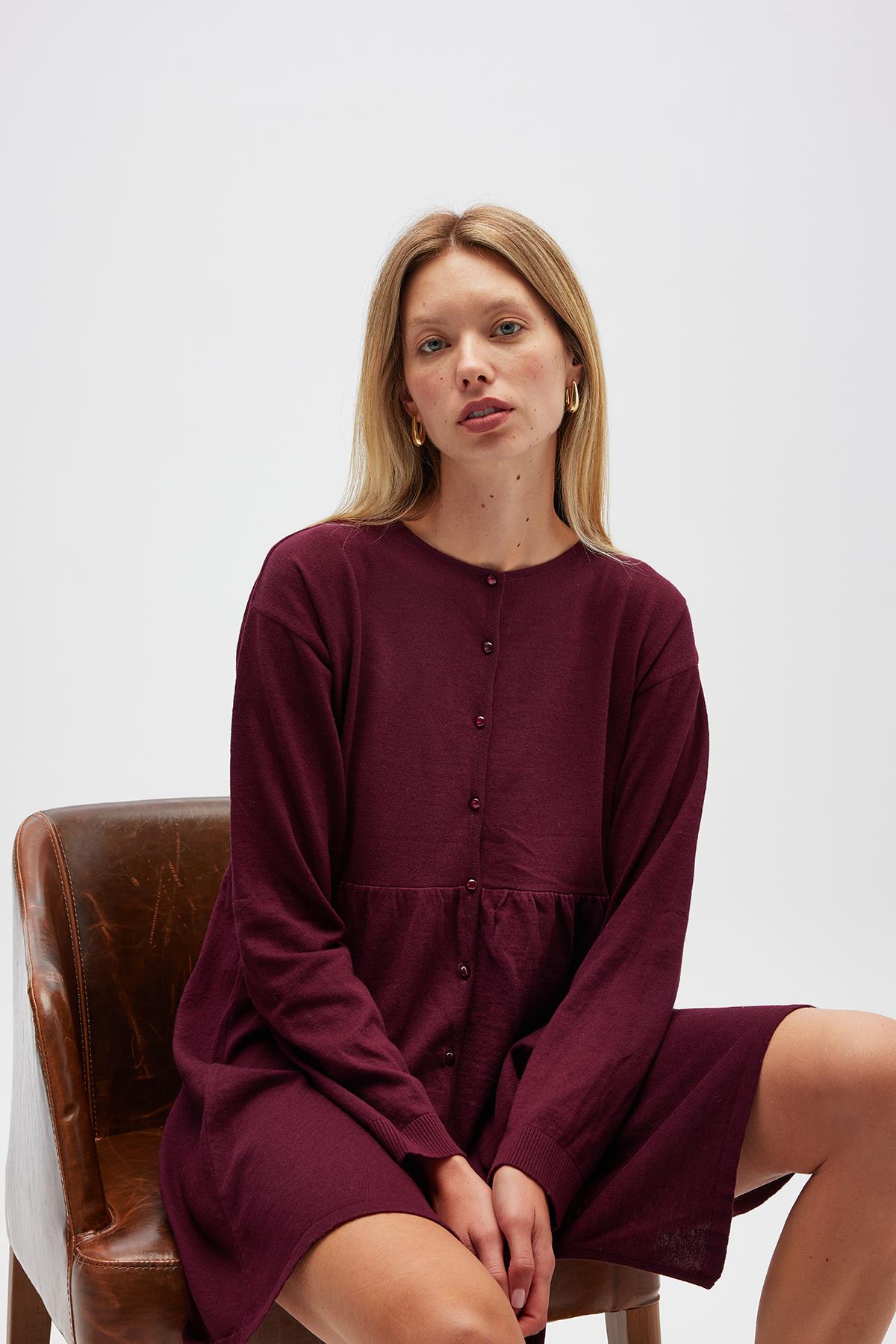 Peraluna Leah Büzgülü Düğmeli Mini Triko Gömlek Elbise - Bordo