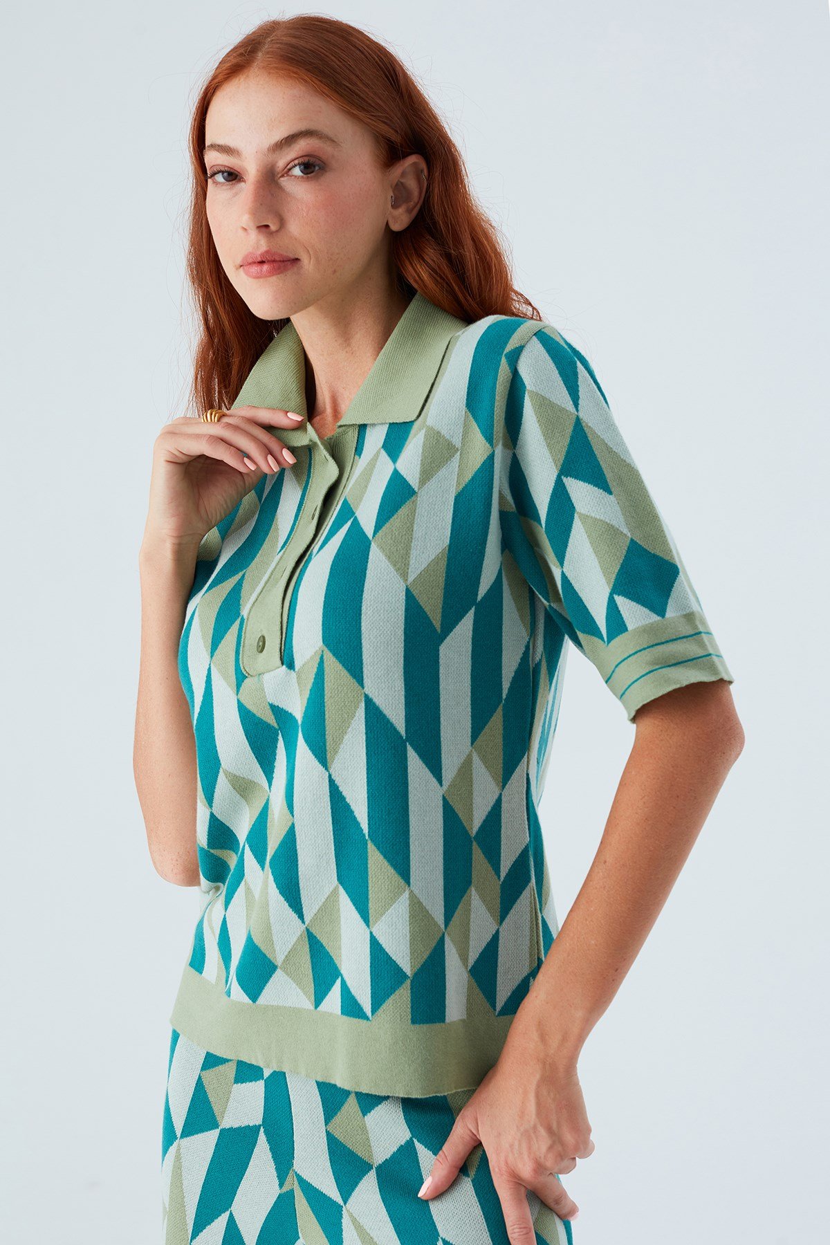 Peraluna LENA BLOUSE Geometrik Retro Desenli Kadın Triko Bluz Multi Yeşil