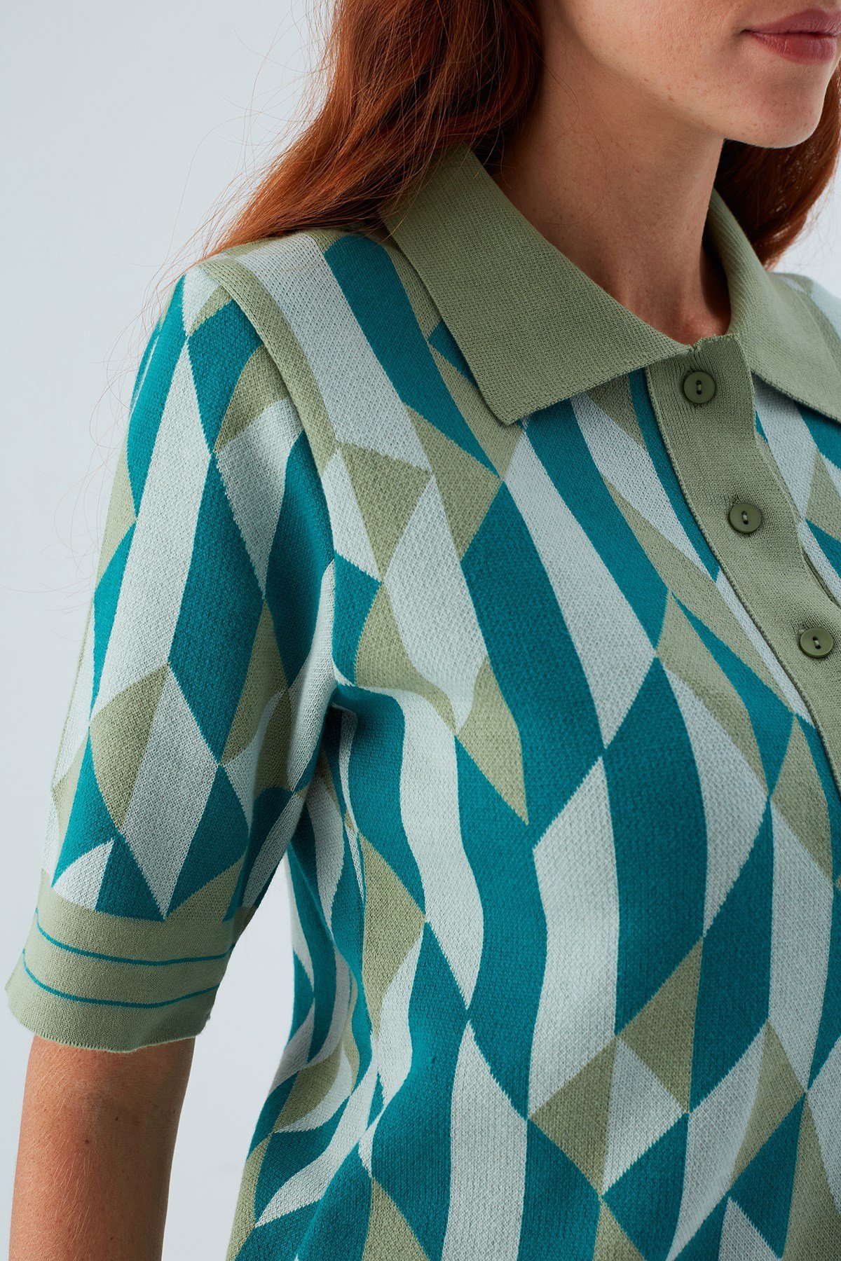 Peraluna LENA BLOUSE Geometrik Retro Desenli Kadın Triko Bluz Multi Yeşil