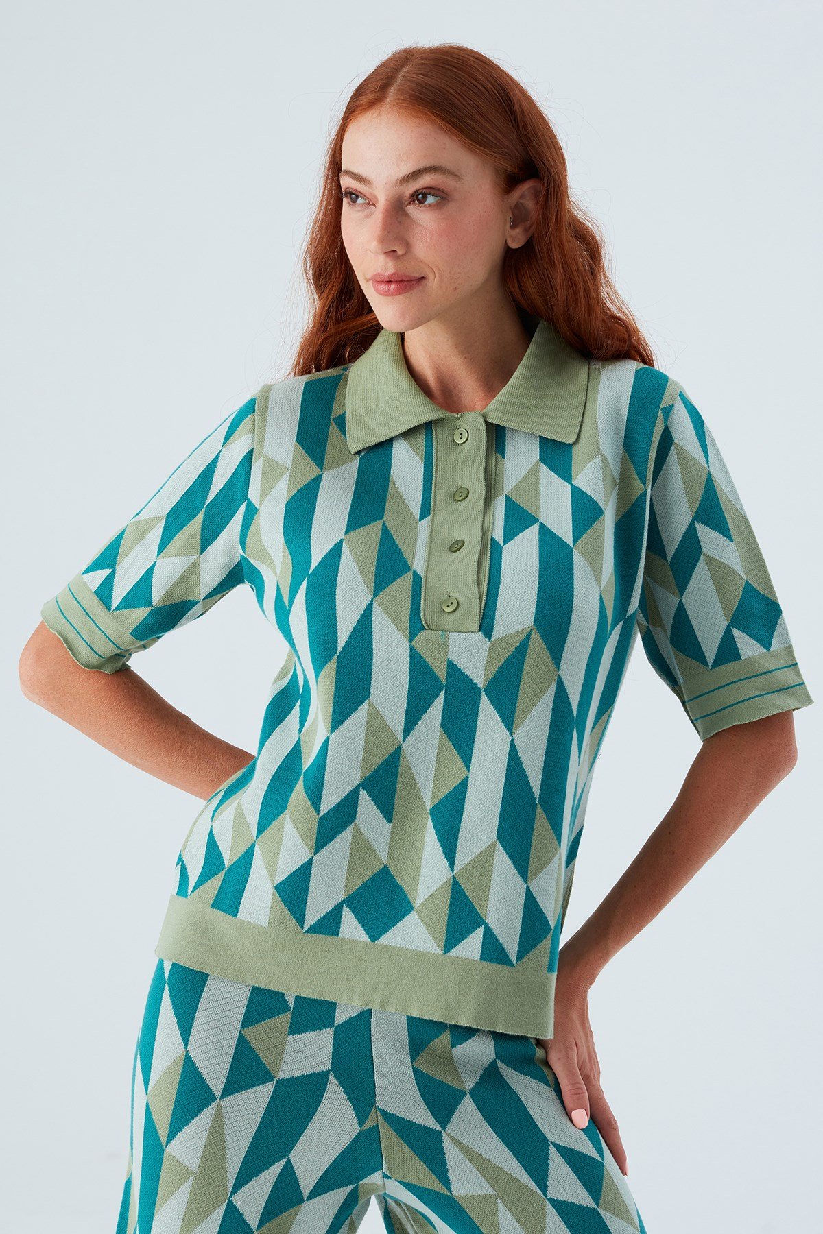 Peraluna LENA BLOUSE Geometrik Retro Desenli Kadın Triko Bluz Multi Yeşil