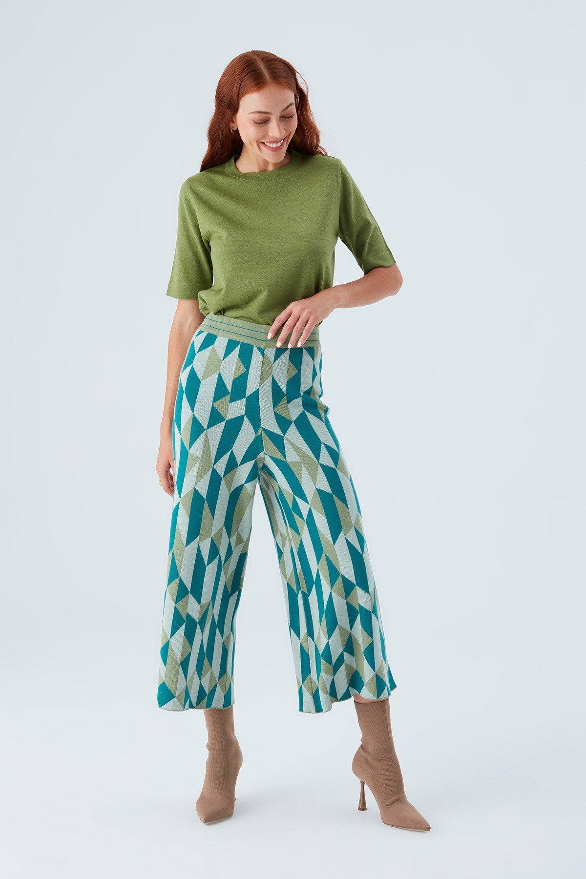 Peraluna LENA TROUSER %100 Pamuk Geometrik Retro Desenli Kadın Triko Pantolon Multi Yeşil