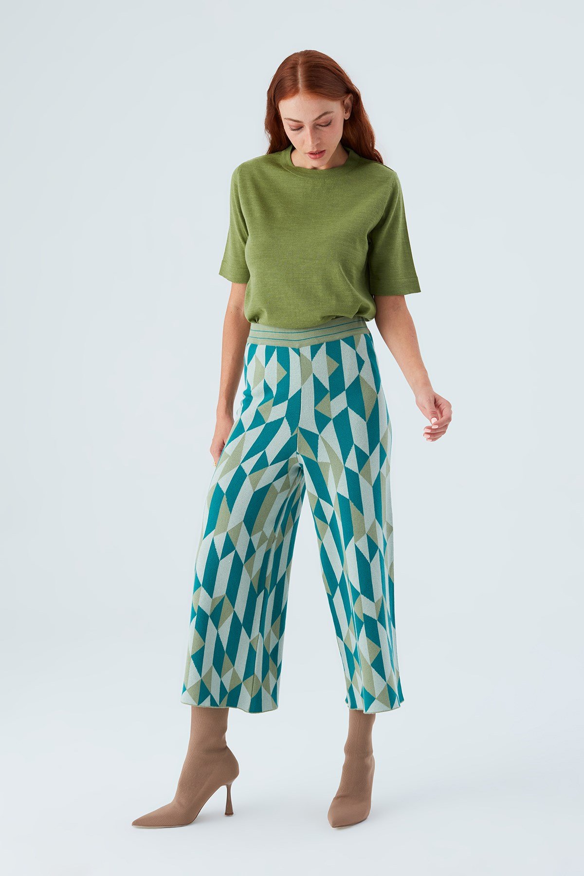 Peraluna LENA TROUSER %100 Pamuk Geometrik Retro Desenli Kadın Triko Pantolon Multi Yeşil