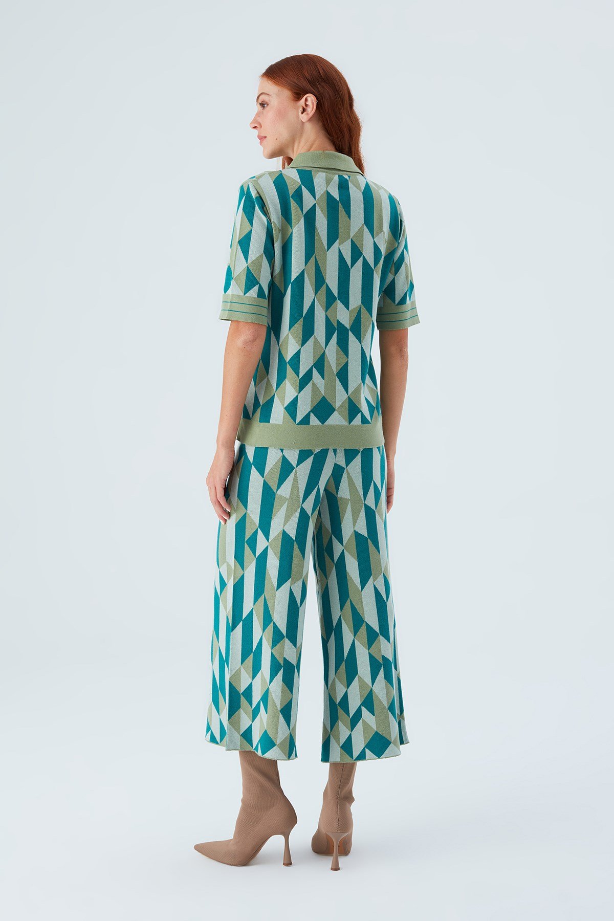 Peraluna LENA TROUSER %100 Pamuk Geometrik Retro Desenli Kadın Triko Pantolon Multi Yeşil