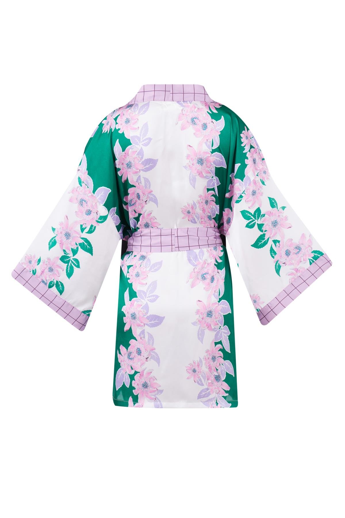 Peraluna LILAC CHARM SHORT KIMONO Çiçek Baskılı 90 CM Saten Kısa Kadın Kimono - Yeşil/Pembe