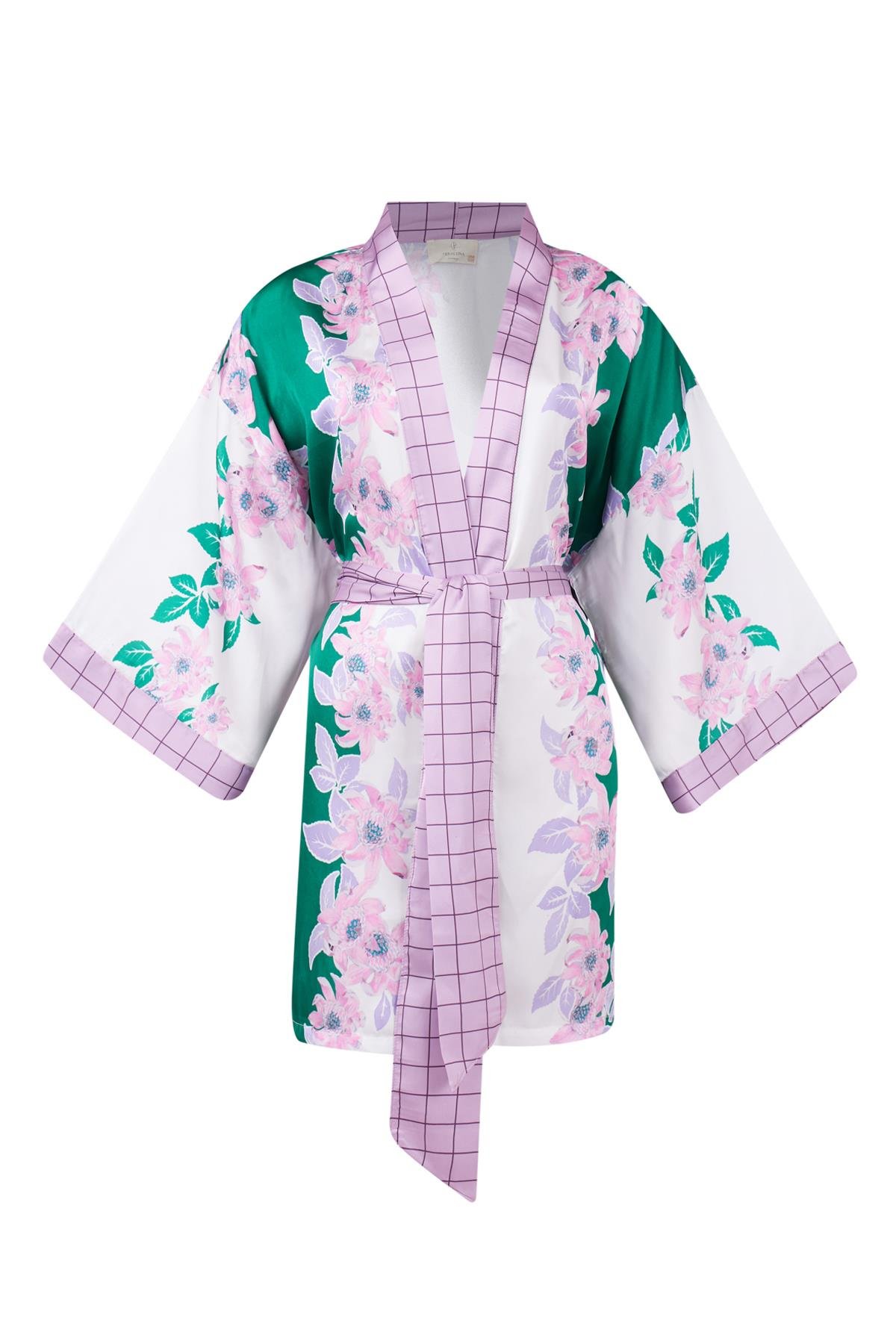 Peraluna LILAC CHARM SHORT KIMONO Çiçek Baskılı 90 CM Saten Kısa Kadın Kimono - Yeşil/Pembe