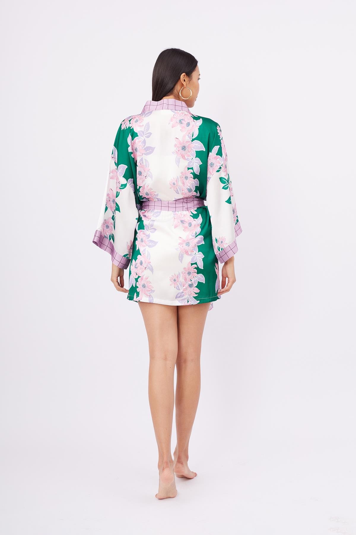 Peraluna LILAC CHARM SHORT KIMONO Çiçek Baskılı 90 CM Saten Kısa Kadın Kimono - Yeşil/Pembe