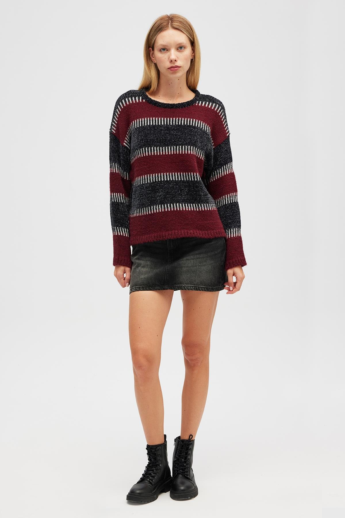 Peraluna Liliane Geniş Çizgili, Kadın Triko Tunik - Antrasit Multi