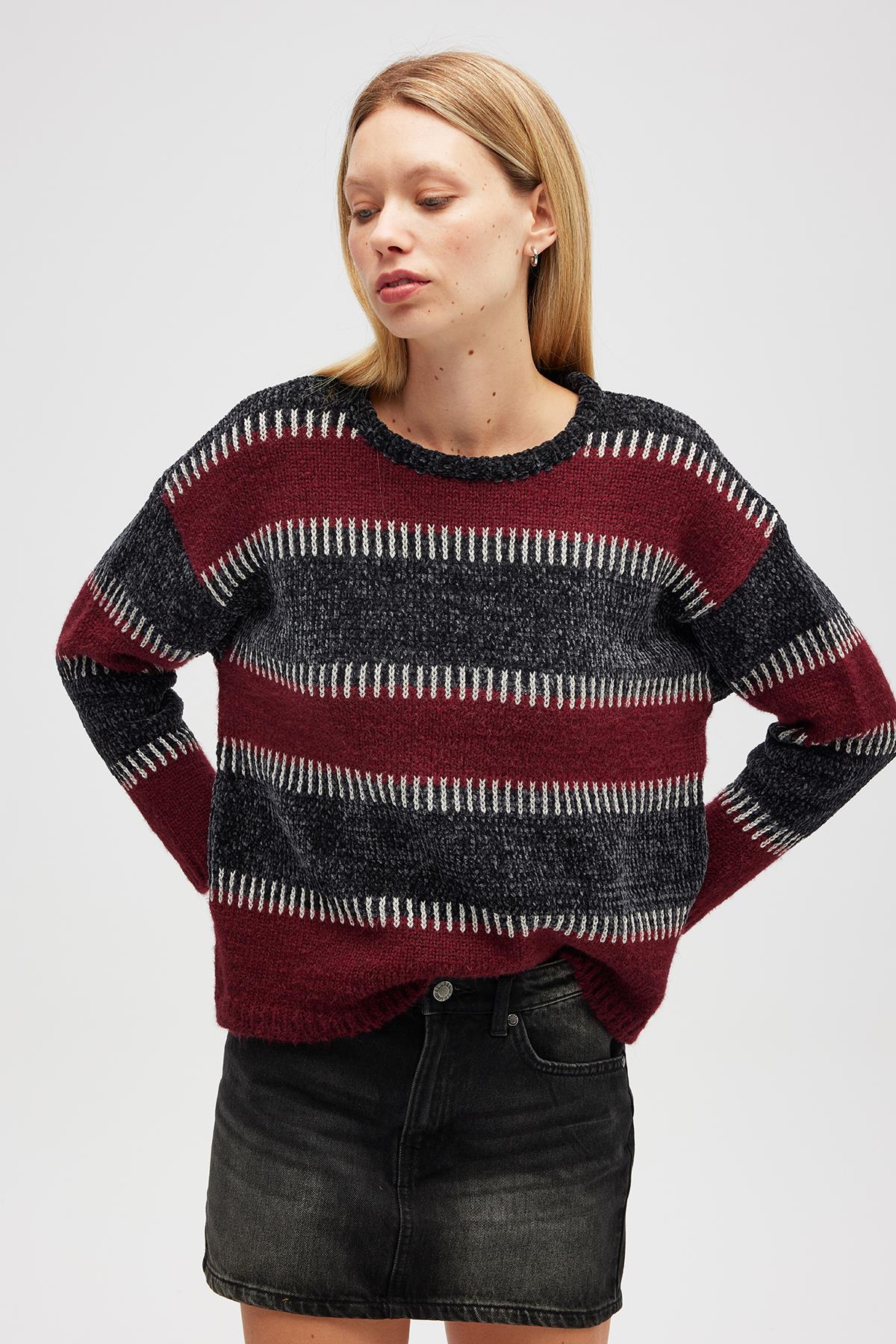 Peraluna Liliane Geniş Çizgili, Kadın Triko Tunik - Antrasit Multi