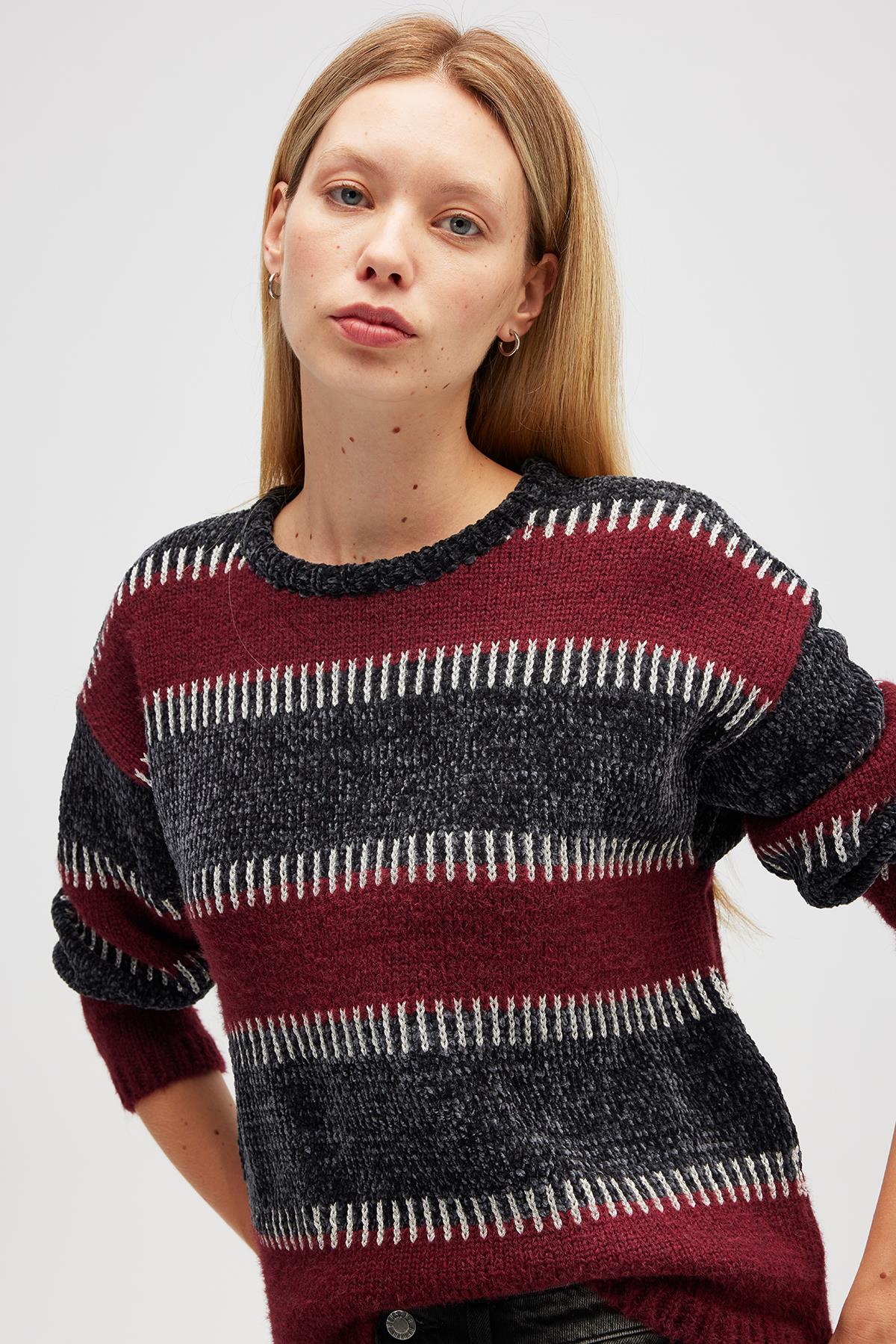 Peraluna Liliane Geniş Çizgili, Kadın Triko Tunik - Antrasit Multi