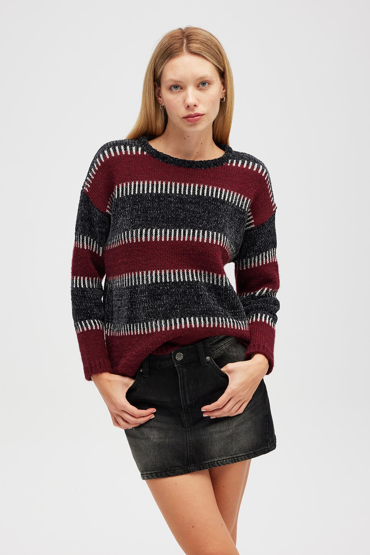 Peraluna Liliane Geniş Çizgili, Kadın Triko Tunik - Antrasit Multi