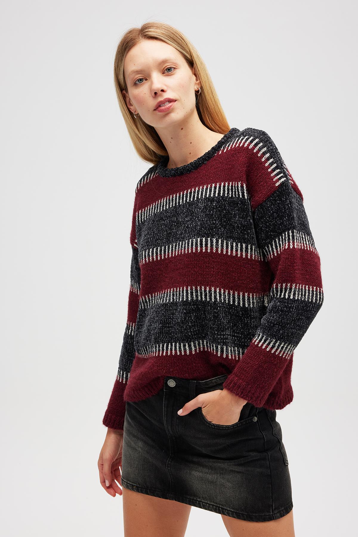 Peraluna Liliane Geniş Çizgili, Kadın Triko Tunik - Antrasit Multi