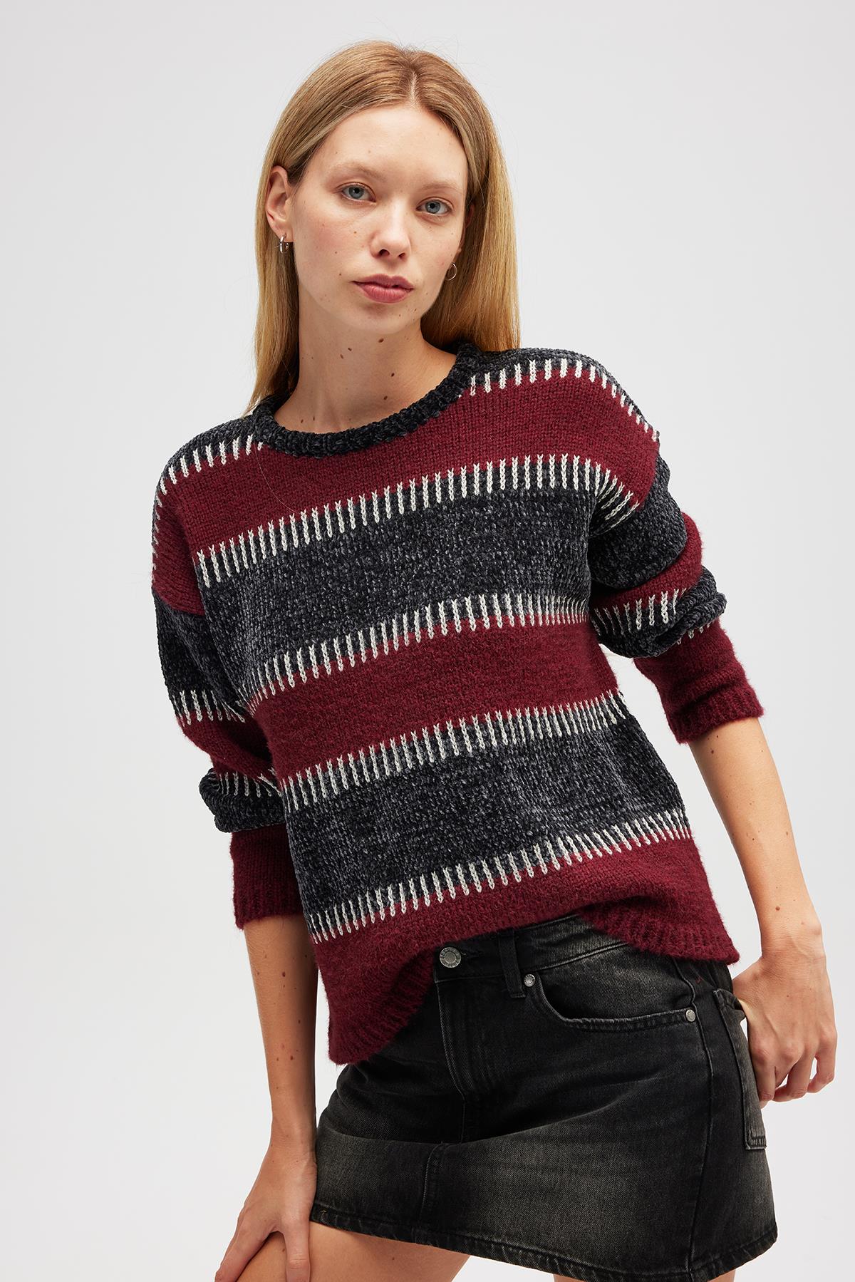 Peraluna Liliane Geniş Çizgili, Kadın Triko Tunik - Antrasit Multi