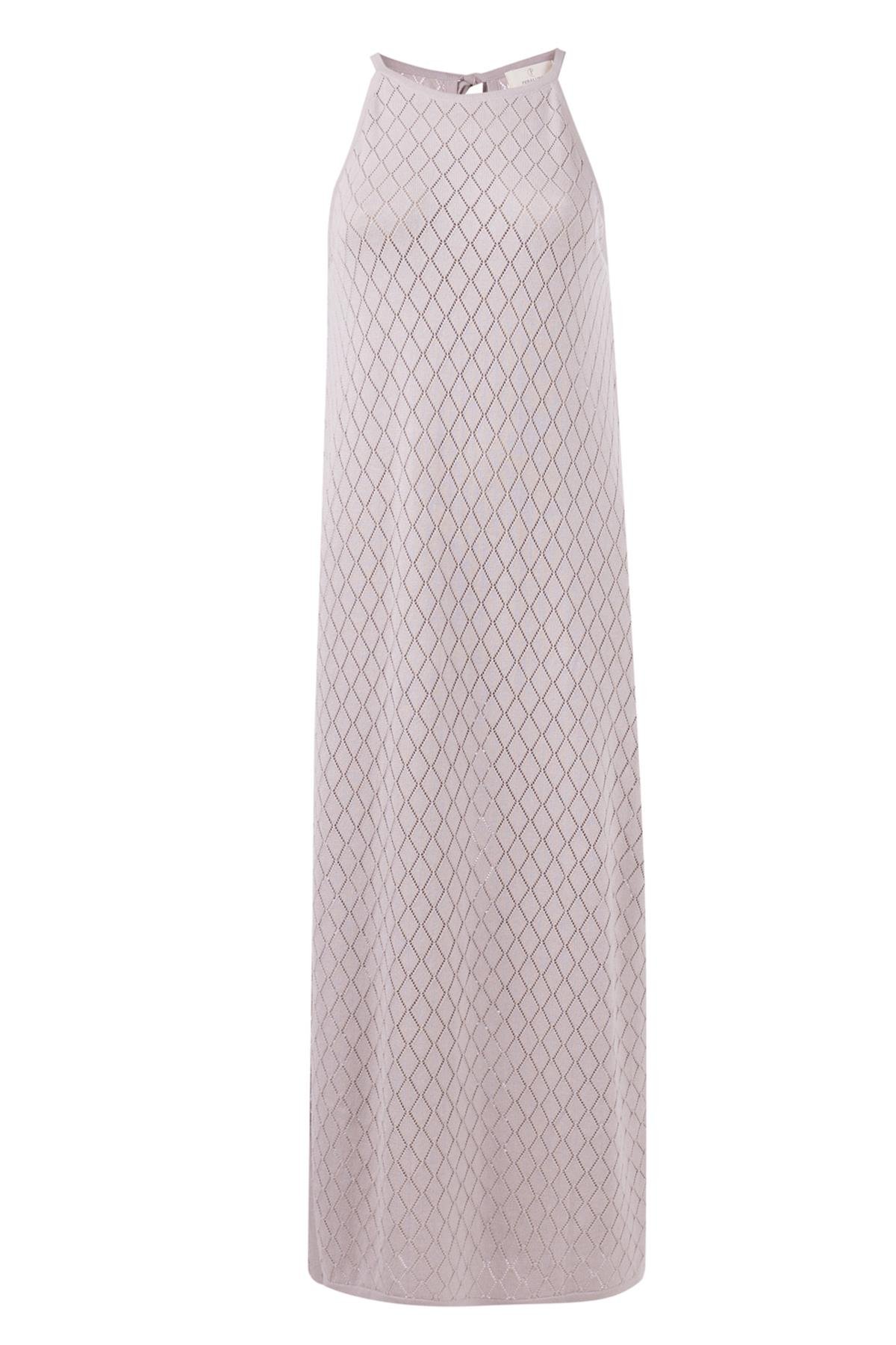 Peraluna LISA DRESS Ajur Örgü Dar Kesim Halter Yaka Arkası Bağcıklı Uzun Kadın Triko Elbise - Taş