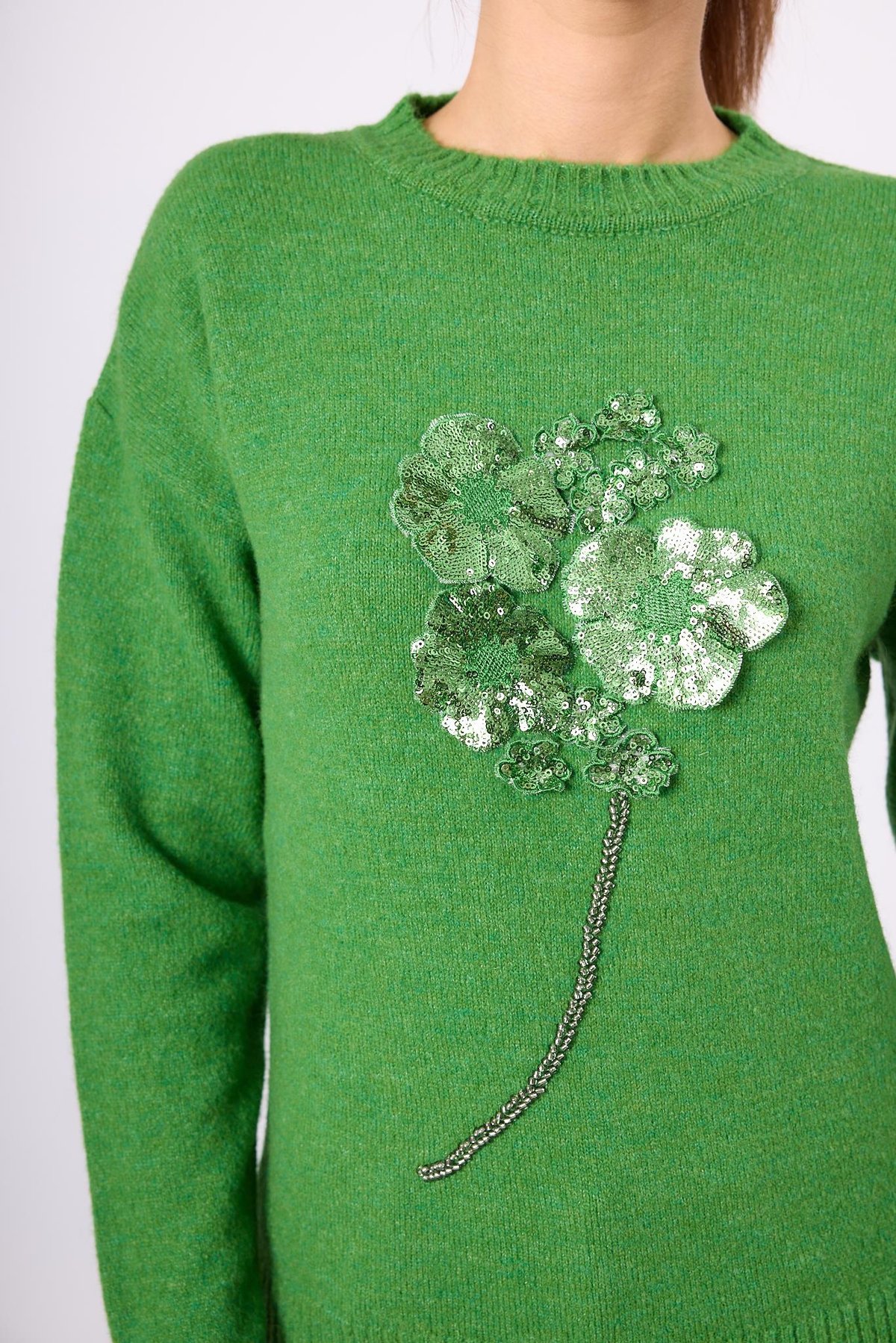 Peraluna Lorna Boncuk İşlemeli Kadın Triko Kazak - Açık Yeşil