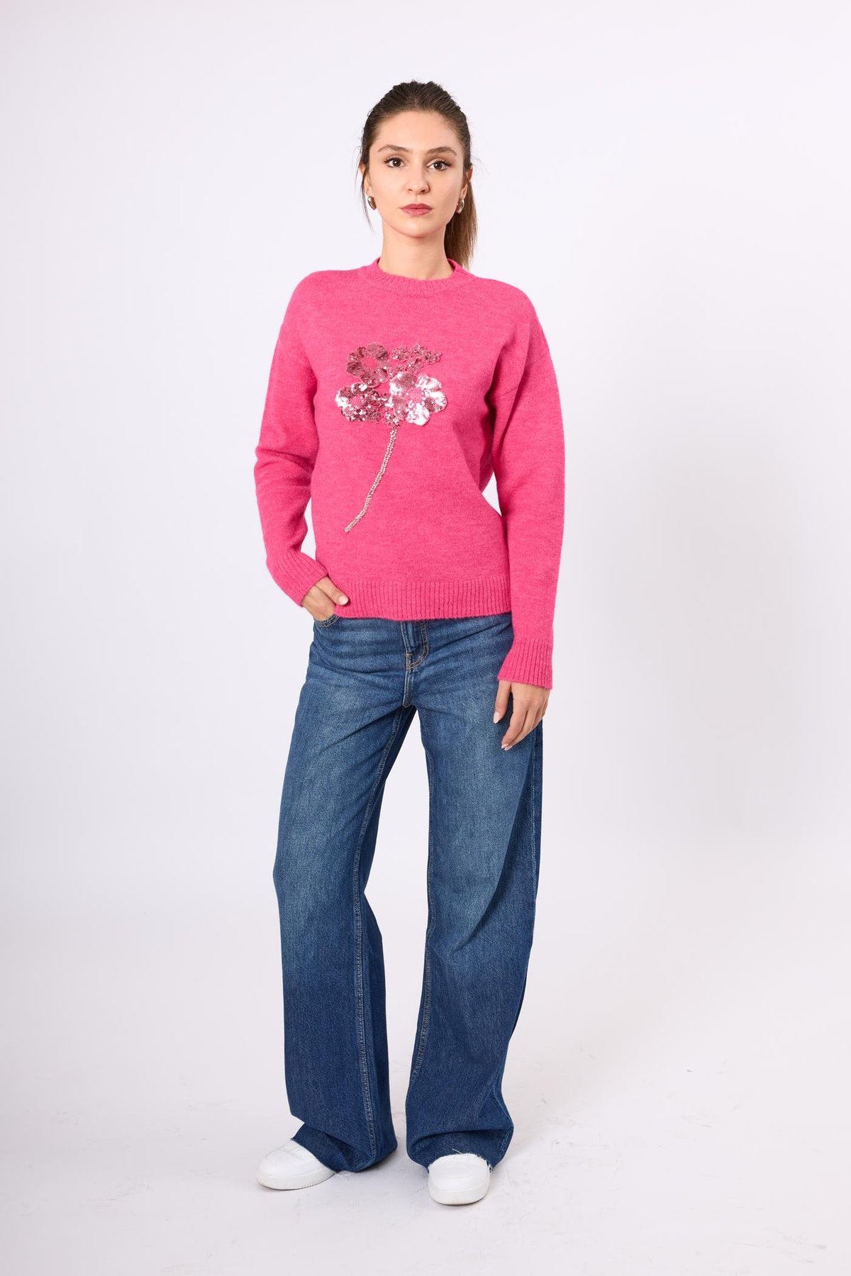 Peraluna Lorna Boncuk İşlemeli Kadın Triko Kazak - Fuşya