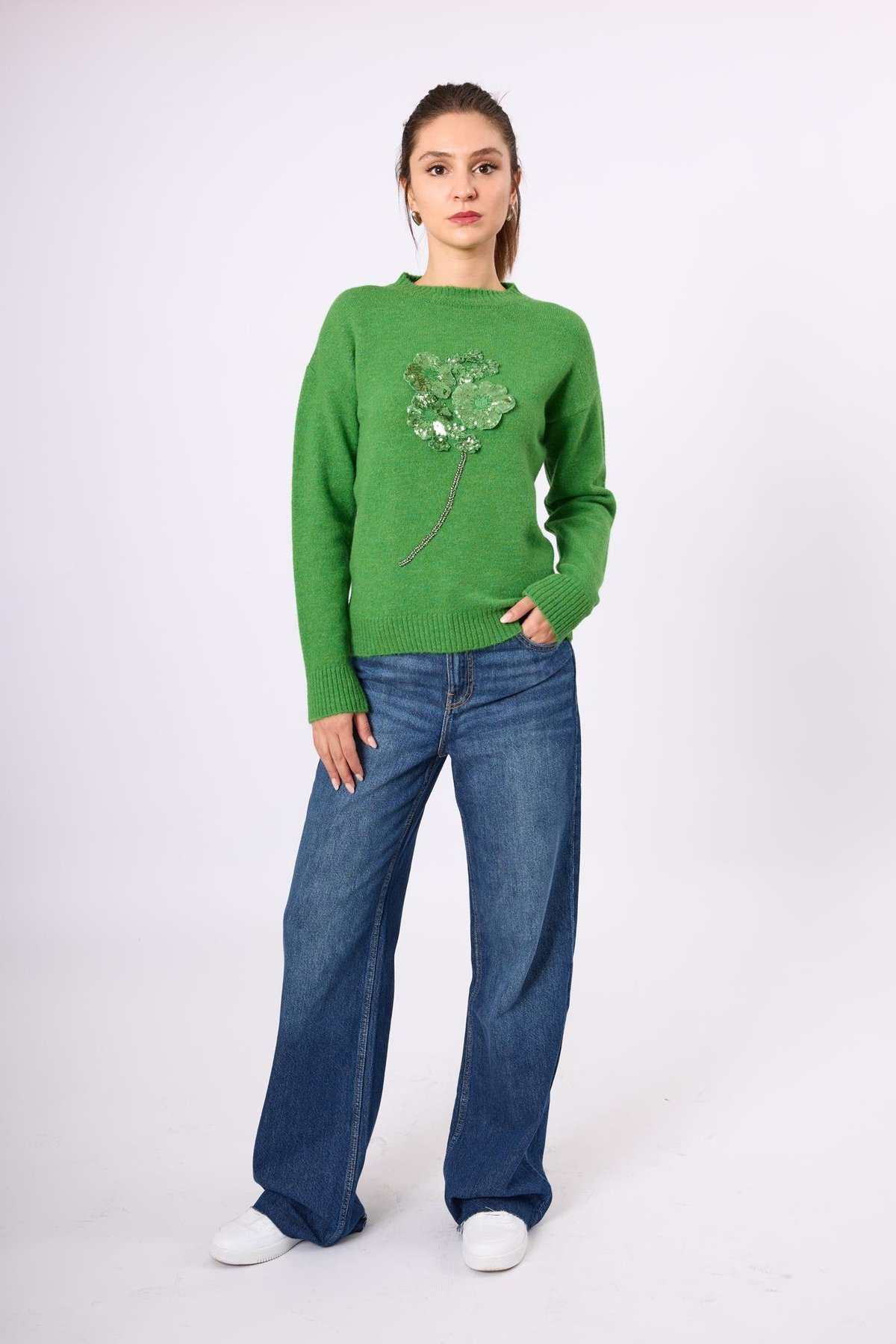 Peraluna Lorna Boncuk İşlemeli Kadın Triko Kazak - Açık Yeşil