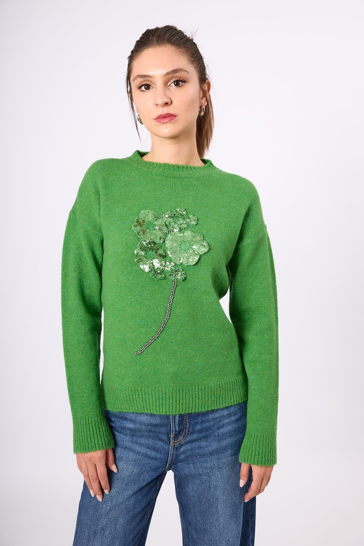 Peraluna Lorna Boncuk İşlemeli Kadın Triko Kazak - Açık Yeşil