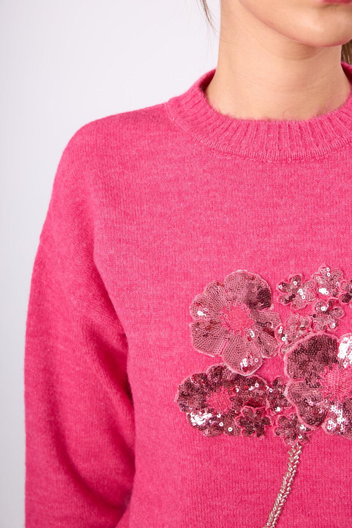 Peraluna Lorna Boncuk İşlemeli Kadın Triko Kazak - Fuşya