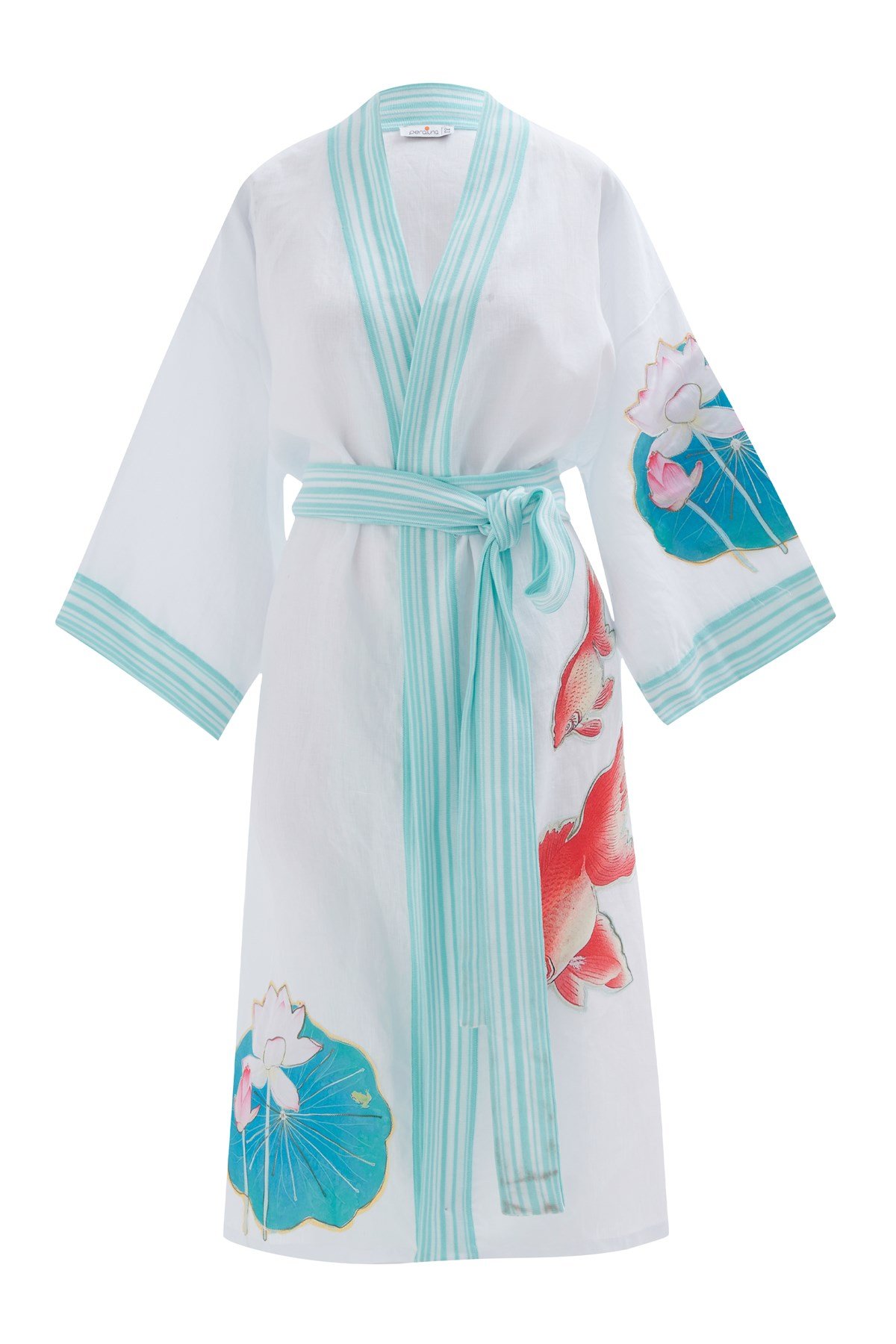 Peraluna LOTUS Balık Aplikelii Keten Karışımlı Diz Altı Kadın Kimono Beyaz