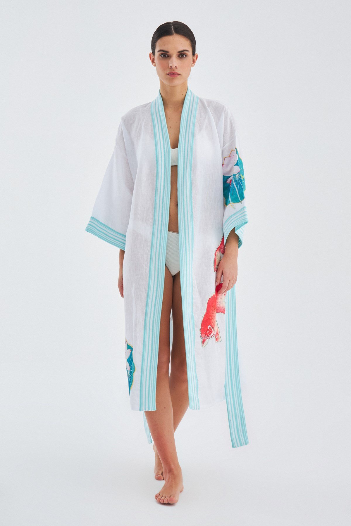 Peraluna LOTUS Balık Aplikelii Keten Karışımlı Diz Altı Kadın Kimono Beyaz