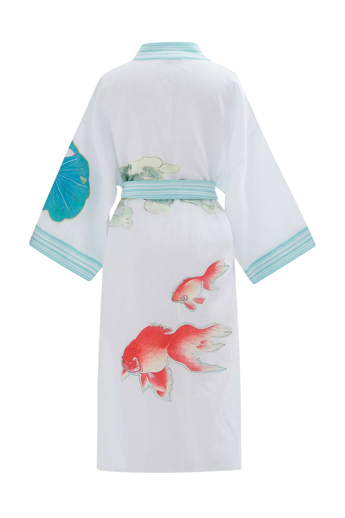 Peraluna LOTUS Balık Aplikelii Keten Karışımlı Diz Altı Kadın Kimono Beyaz