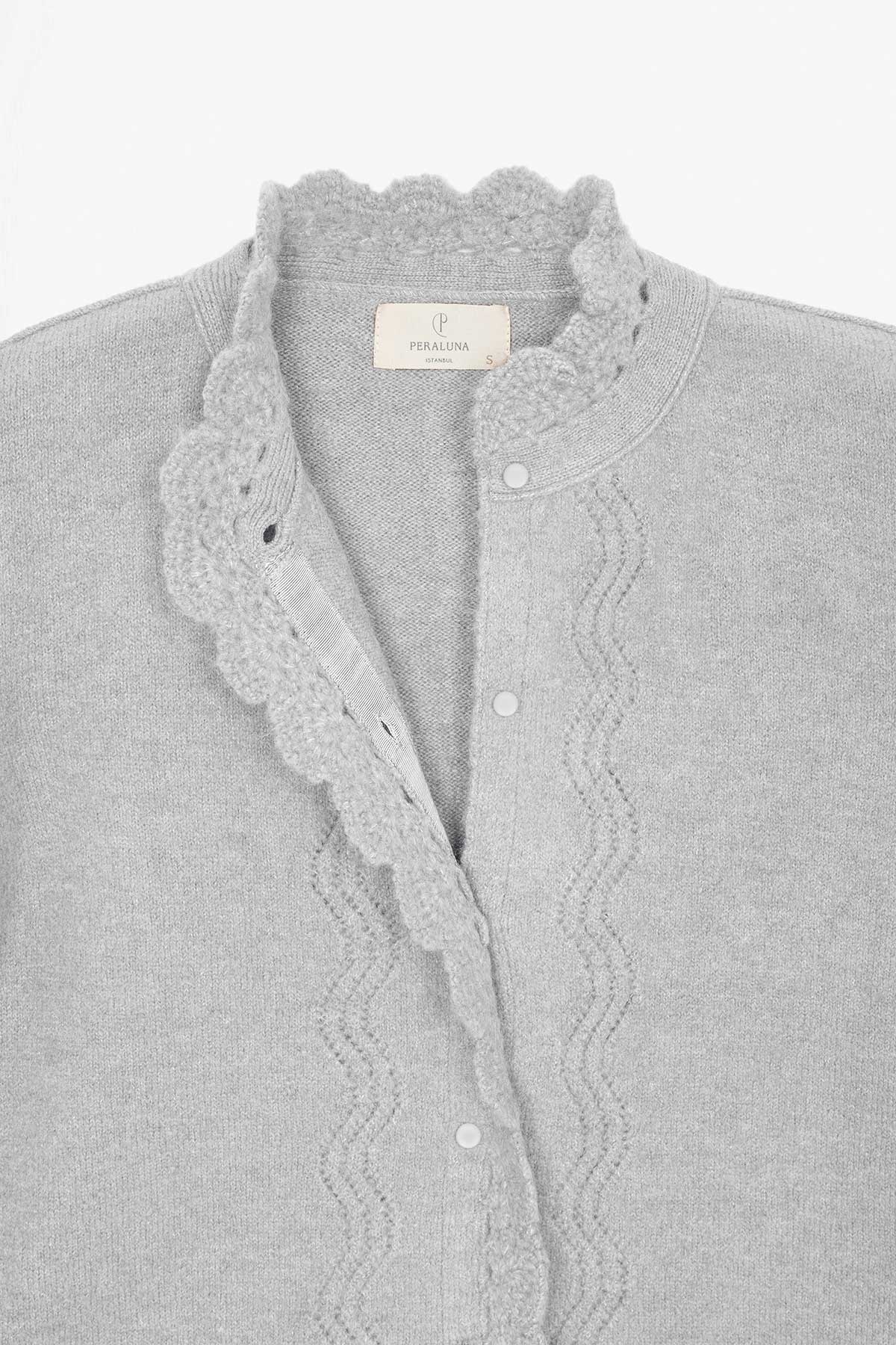 Peraluna Lucca Cardigan - Rahat Kesim Tığ İşli Kadın Triko Hırka - Açık Gri