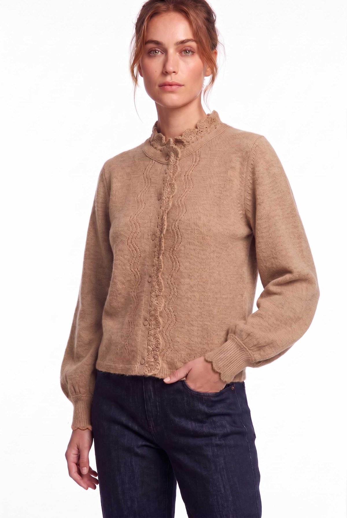 Peraluna Lucca Cardigan - Rahat Kesim Tığ İşli Kadın Triko Hırka - Camel Melanj