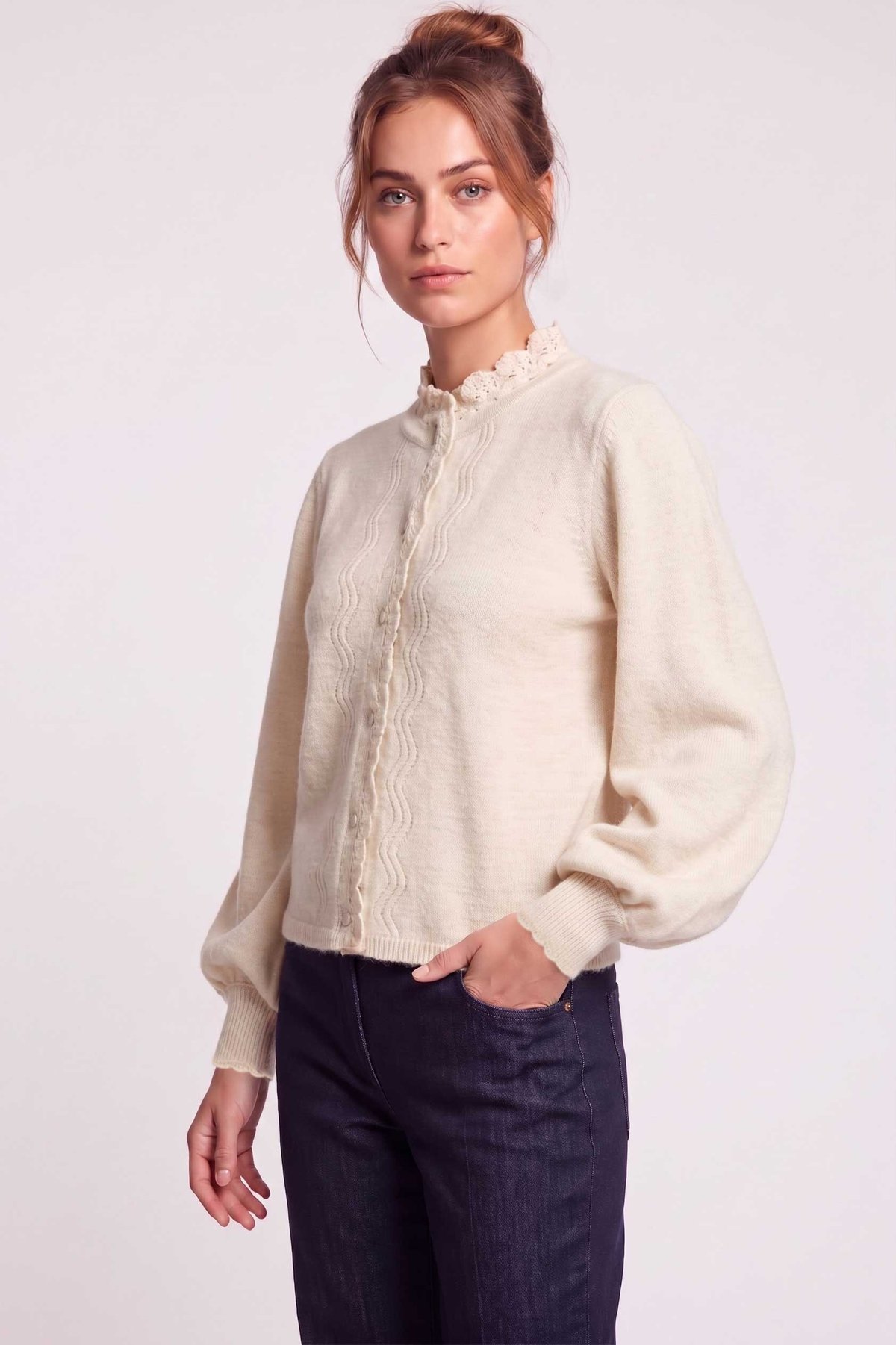 Peraluna Lucca Cardigan - Rahat Kesim Tığ İşli Kadın Triko Hırka - Ekru Melanj