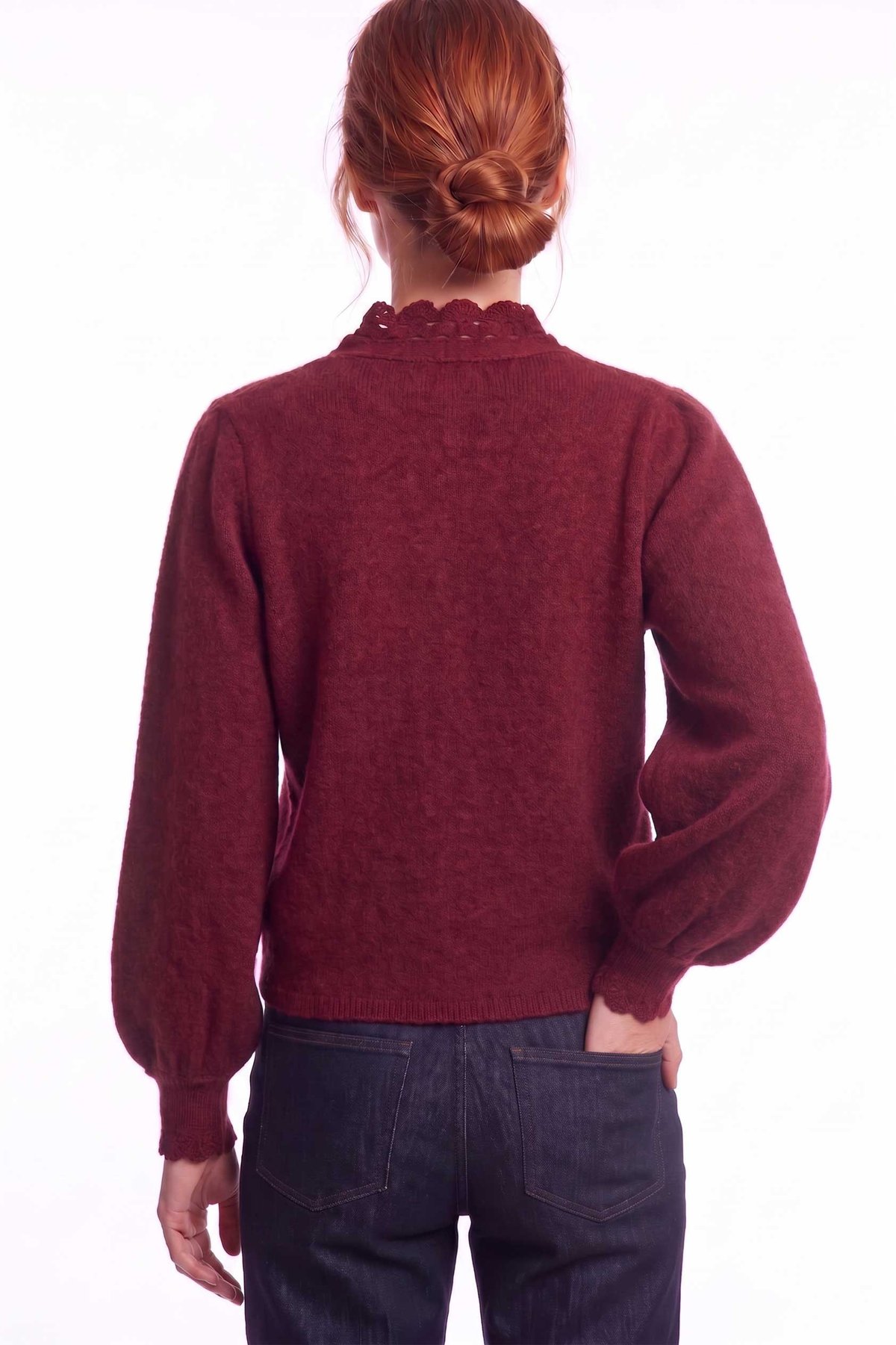 Peraluna Lucca Cardigan - Rahat Kesim Tığ İşli Kadın Triko Hırka - Bordo