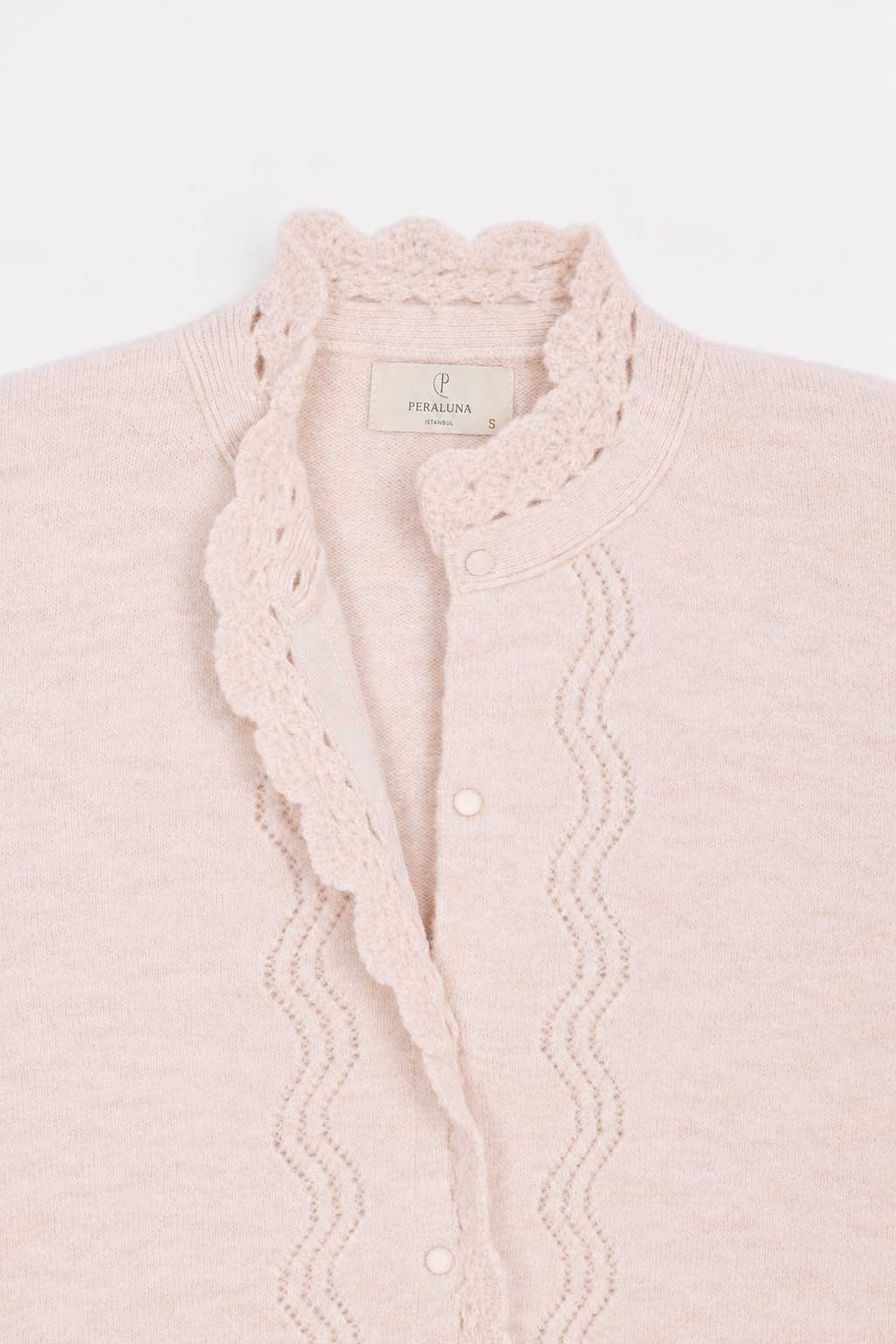 Peraluna Lucca Cardigan - Rahat Kesim Tığ İşli Kadın Triko Hırka - Ekru Melanj