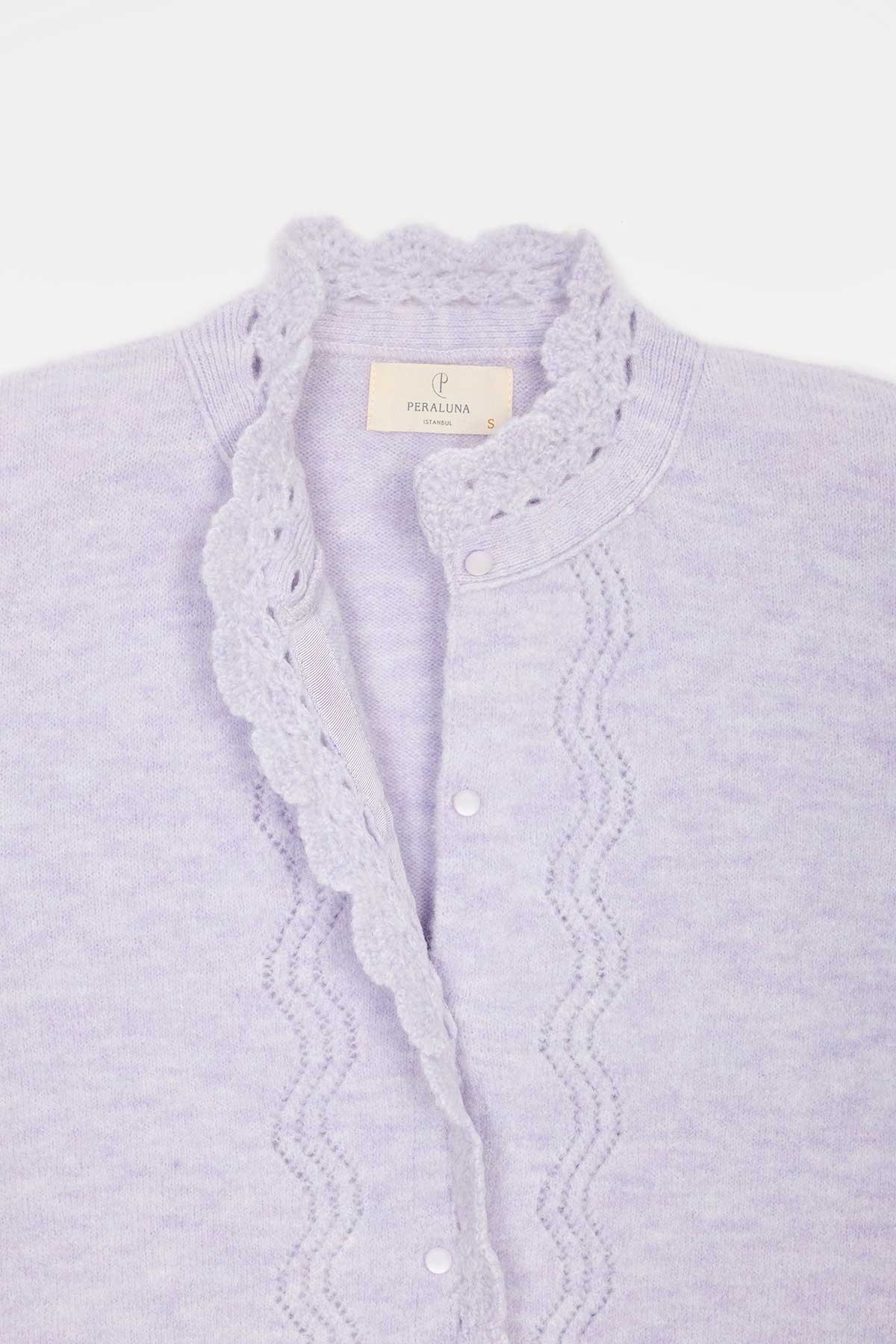 Peraluna Lucca Cardigan - Rahat Kesim Tığ İşli Kadın Triko Hırka - Lila