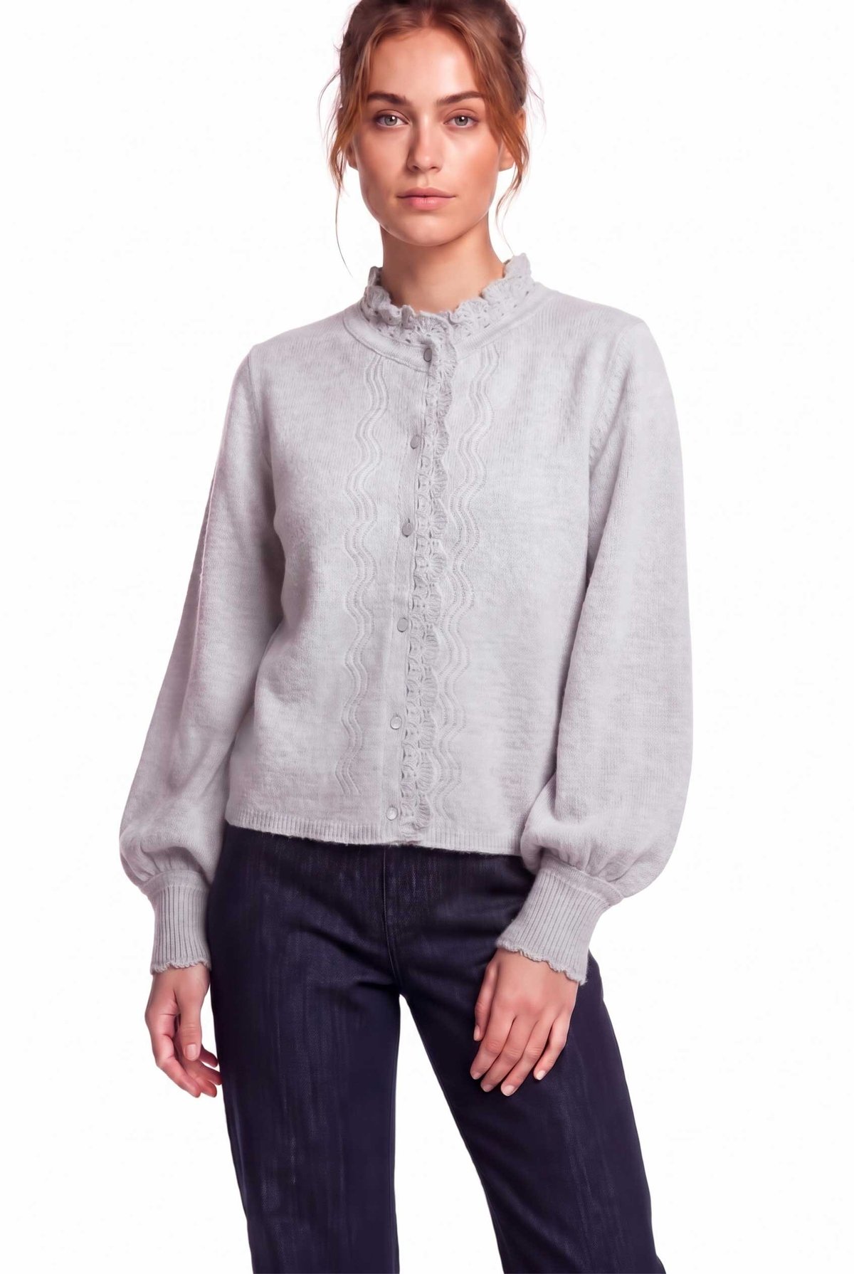 Peraluna Lucca Cardigan - Rahat Kesim Tığ İşli Kadın Triko Hırka - Açık Gri