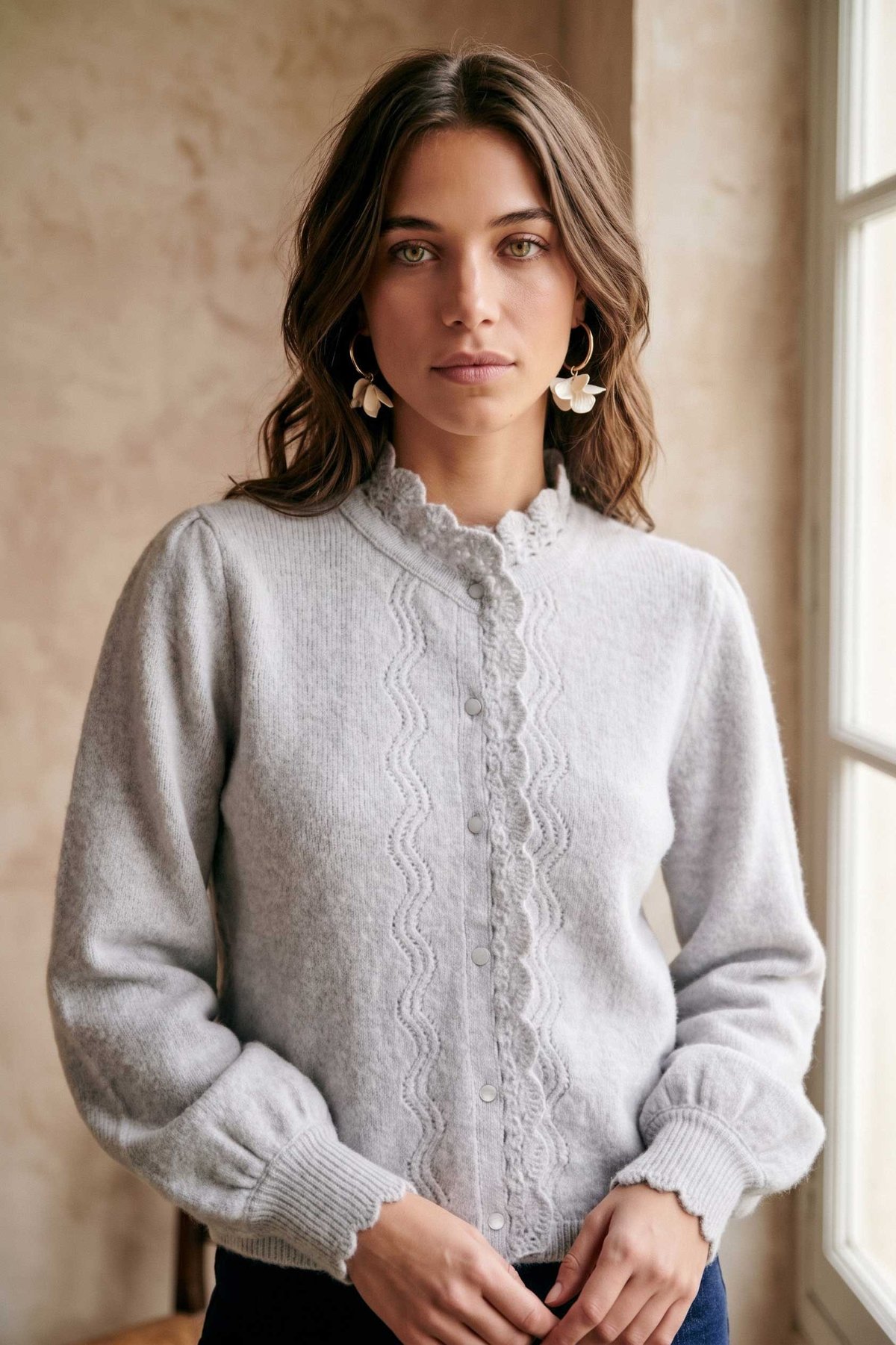 Peraluna Lucca Cardigan - Rahat Kesim Tığ İşli Kadın Triko Hırka - Açık Gri