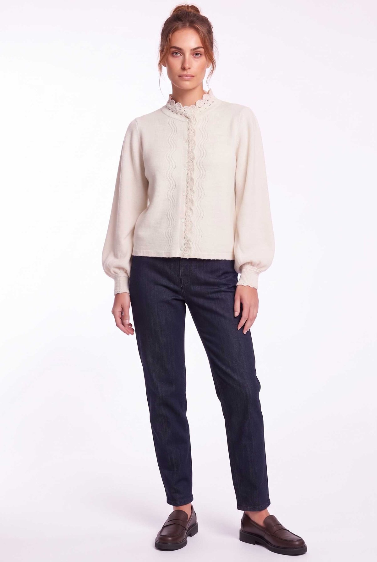 Peraluna Lucca Cardigan - Rahat Kesim Tığ İşli Kadın Triko Hırka - Ekru Melanj