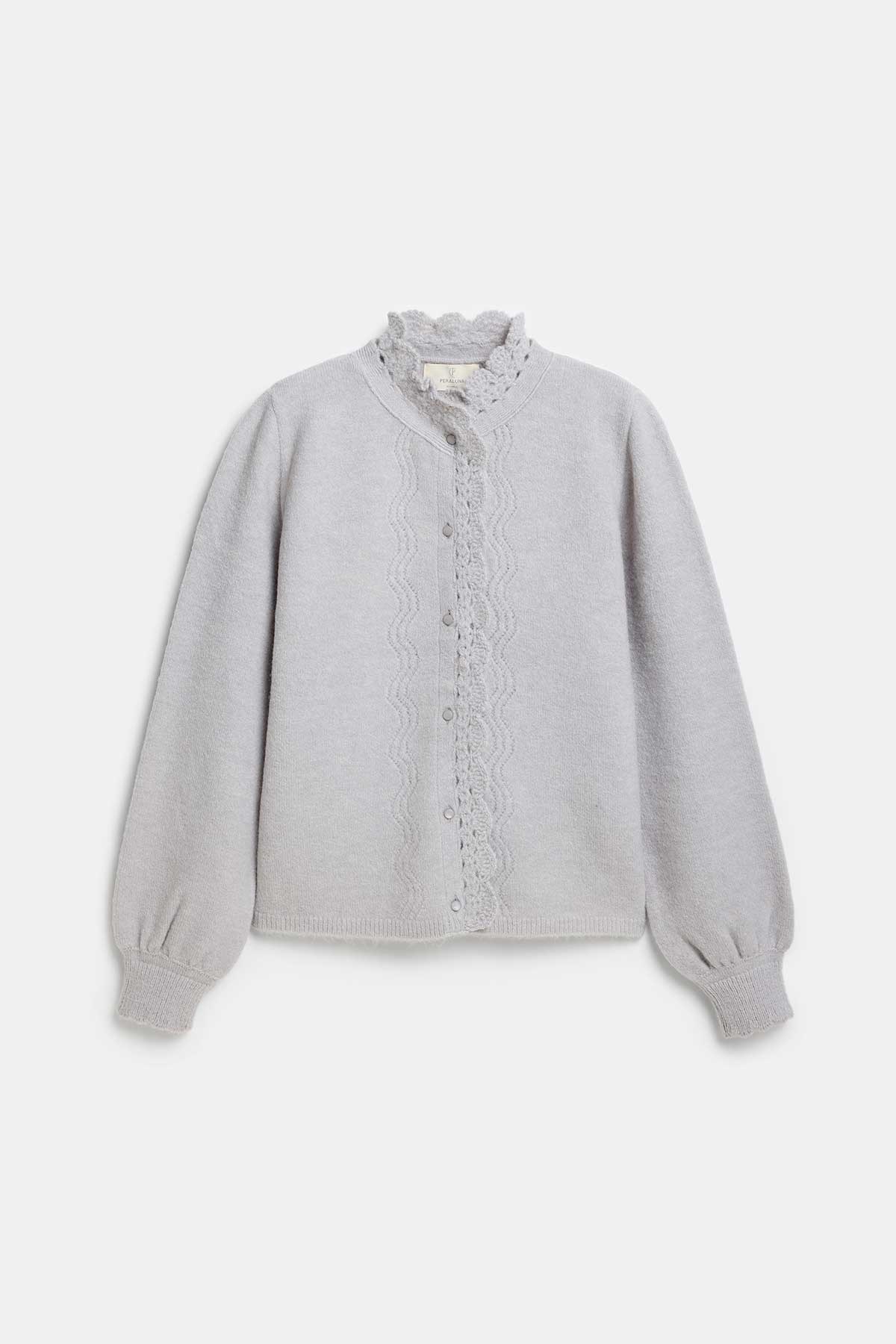 Peraluna Lucca Cardigan - Rahat Kesim Tığ İşli Kadın Triko Hırka - Açık Gri