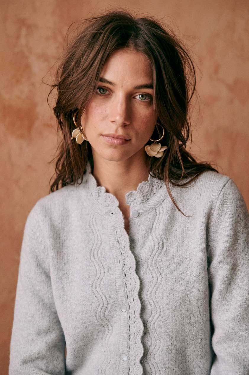 Peraluna Lucca Cardigan - Rahat Kesim Tığ İşli Kadın Triko Hırka - Açık Gri