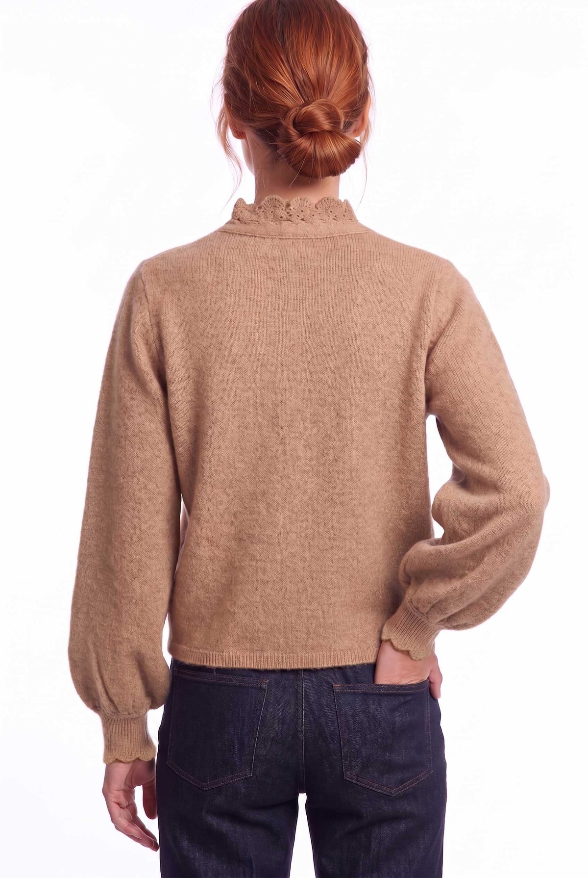 Peraluna Lucca Cardigan - Rahat Kesim Tığ İşli Kadın Triko Hırka - Camel Melanj